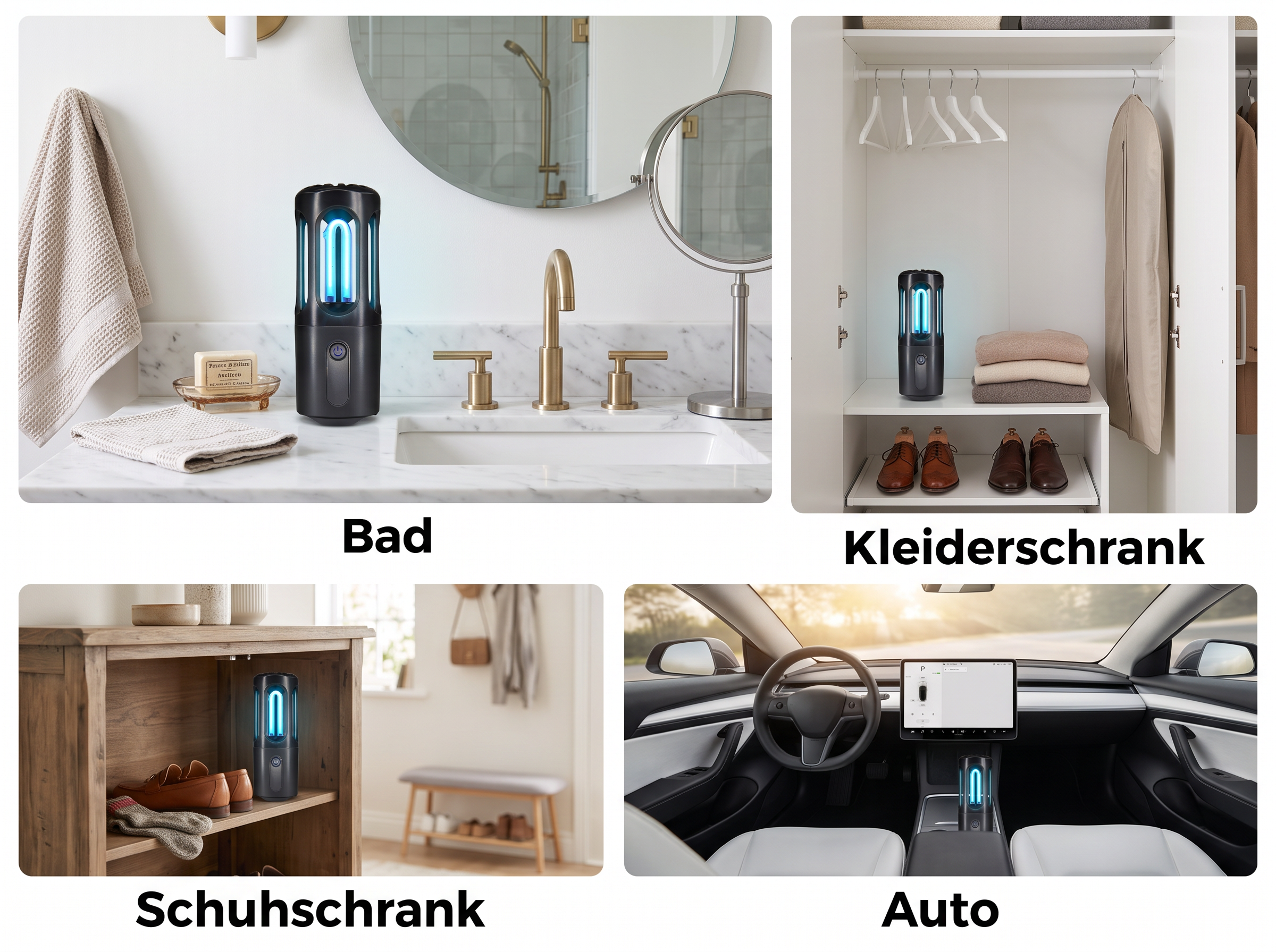 Eine schwarze UV-Insektenvernichtungslampe in vier verschiedenen Umgebungen: Bad, Kleiderschrank, Schuhschrank und Auto.