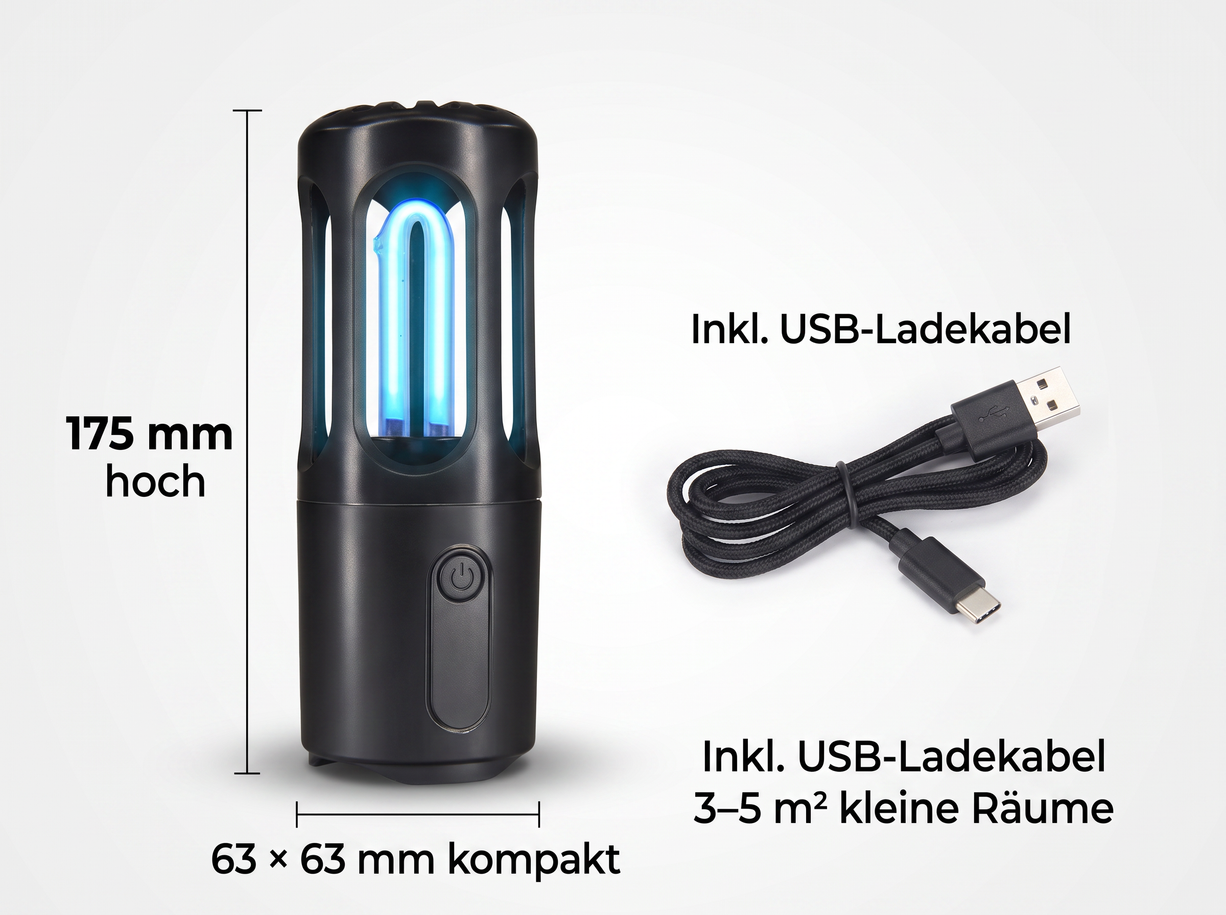 Schwarze zylindrische UV-Lampe mit blauem Licht, Maße 175x63 mm, Inkl. USB-Kabel auf weißem Hintergrund.