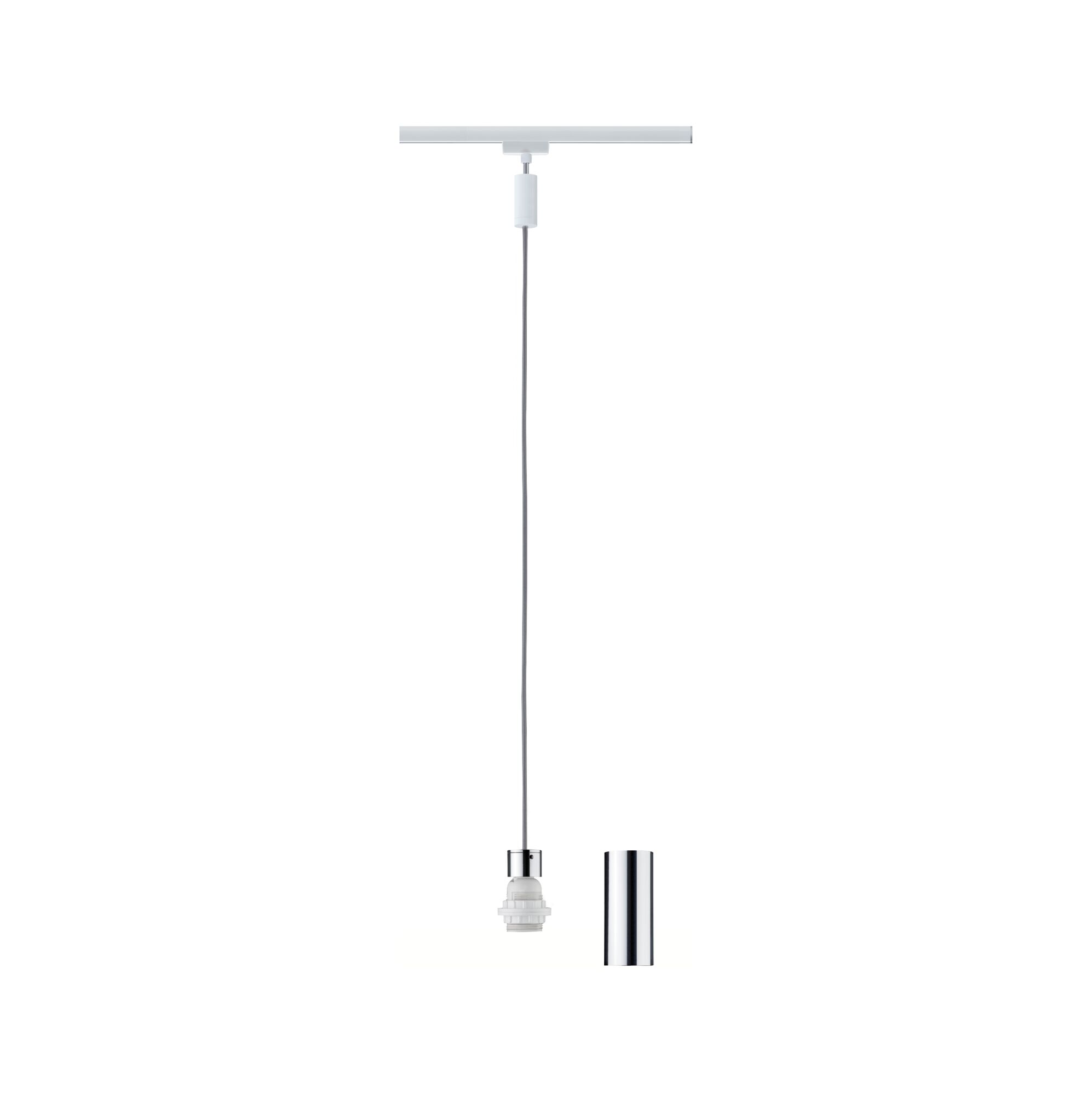 Eine Pendelleuchte mit vertikalem Kabel, weißem Deckenadapter und einem silbernen Zylinderschirm neben der Fassung.
