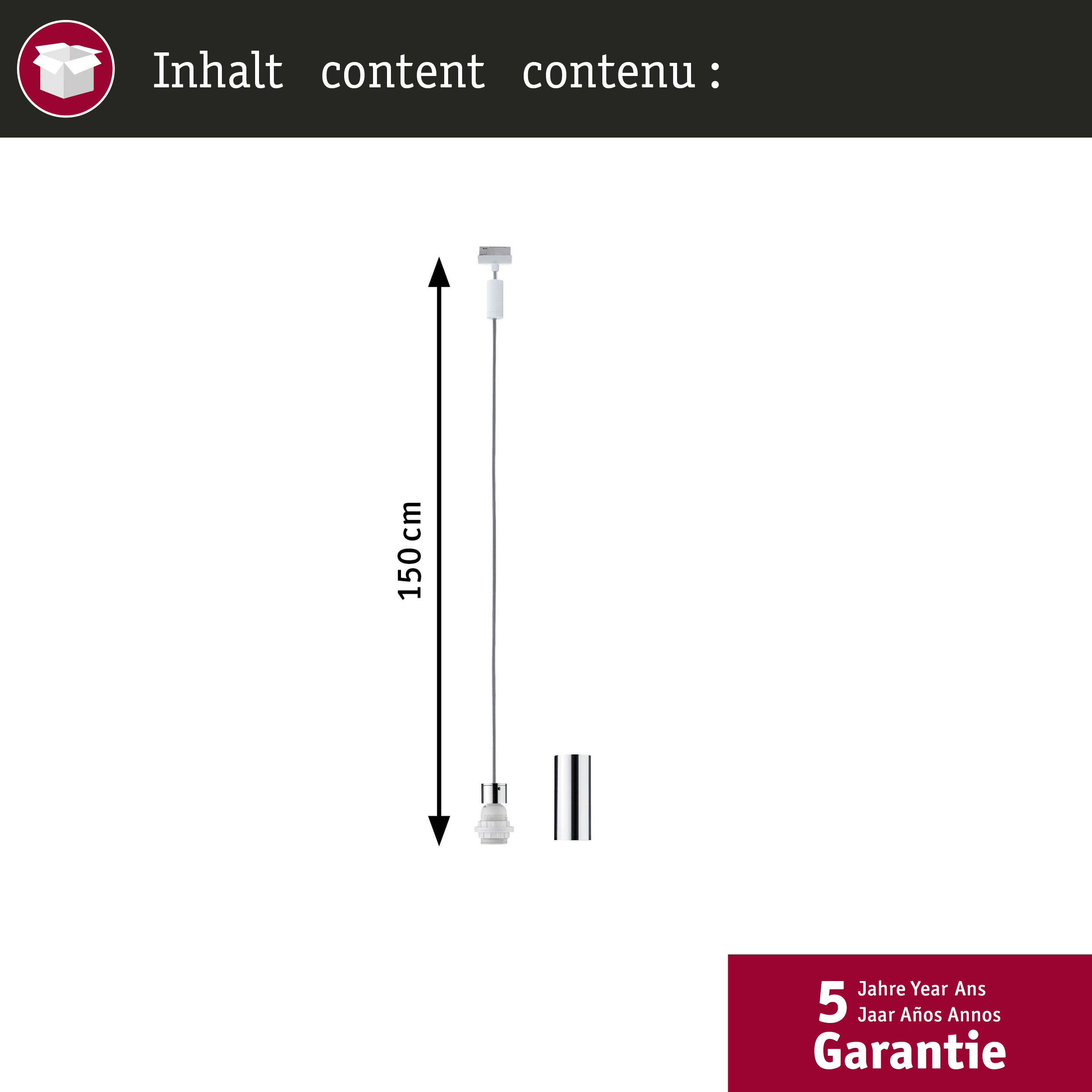 Diagramm zeigt eine 150 cm lange Pendelleuchte mit Fassung und separatem zylindrischem Schirm vor weißem Hintergrund.