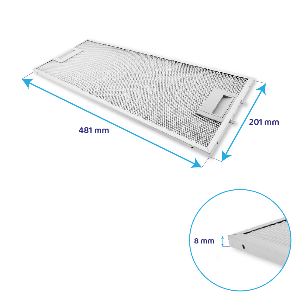 Filtro metallico per cappa da cucina con dimensioni di 481 mm per 201 mm e spessore di 8 mm.