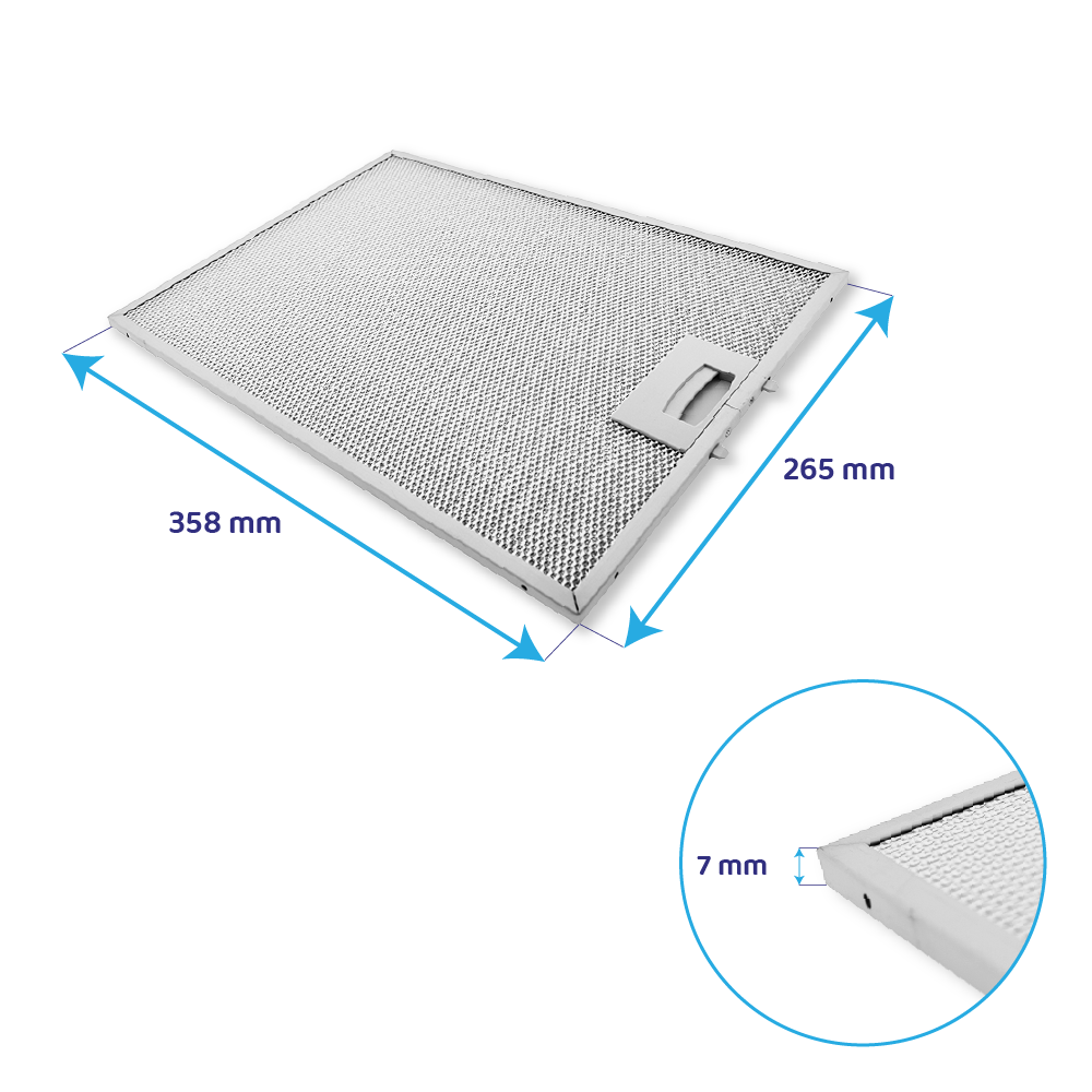 Silberner Dunstabzugshaubenfilter mit Maßen von 358x265x7 mm und integriertem Griff.