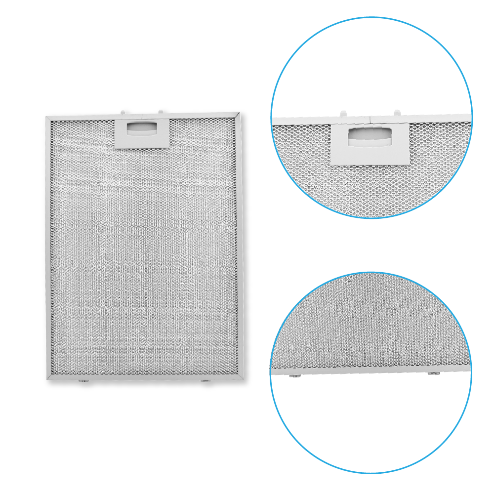 Metall-Dunstabzugshaubenfilter mit Rastermuster und Plastik-Entriegelungsknopf.