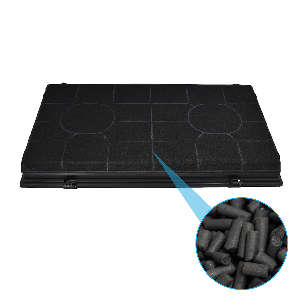 Un filtre à charbon rectangulaire noir avec un encart circulaire agrandi montrant des granulés de charbon actif.