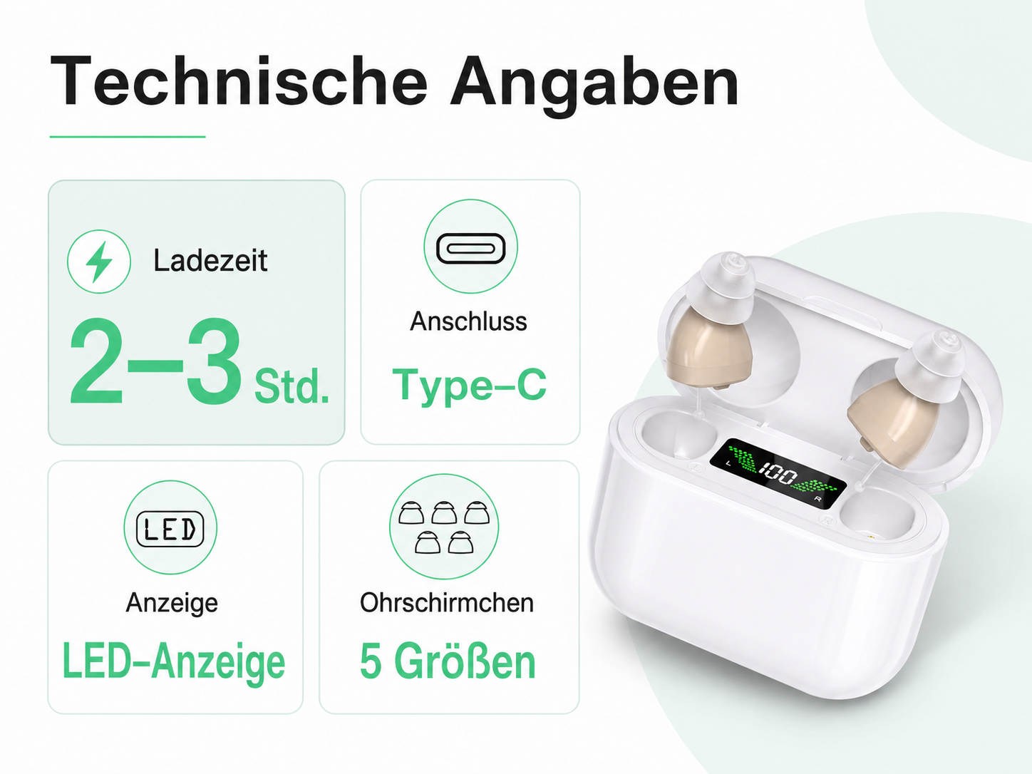 Technische Angaben für beige Hörgeräte im weißen Ladecase mit Ladezeit, Anschluss, LED-Anzeige und Ohrenschirmchen.