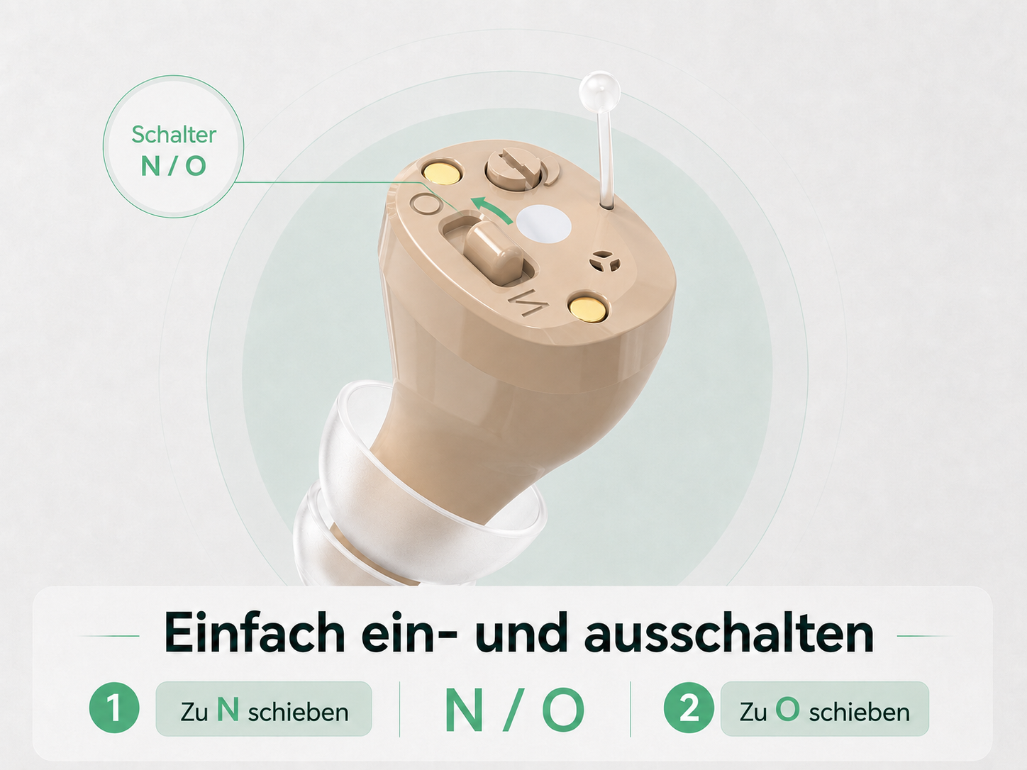 Nahaufnahme eines beigen Im-Ohr-Hörgeräts mit N/O-Schalter und deutscher Beschriftung.