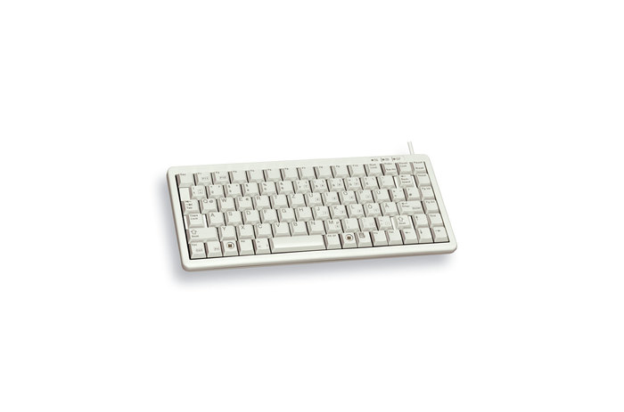 A white compact computer keyboard with a wired connection, shown from a high angle against a plain white background.