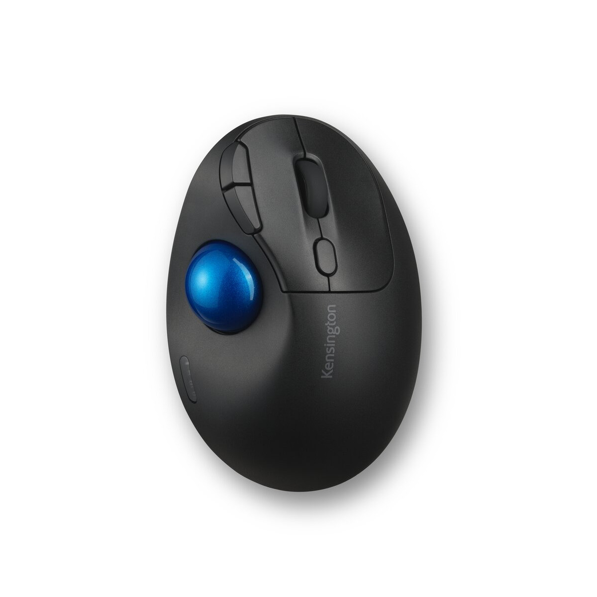 A black Kensington trackball mouse with a blue ball on the left side, shown against a white background.