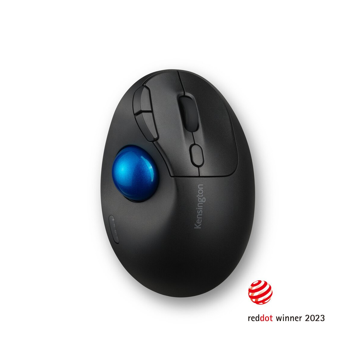 Black Kensington trackball mouse with a blue ball on a white background, and the Red Dot Winner 2023 logo at the bottom right.