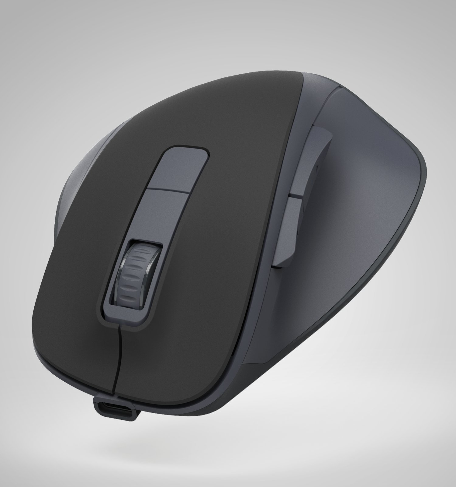 Un ratón de ordenador ergonómico gris con rueda de desplazamiento y botones laterales sobre fondo claro.