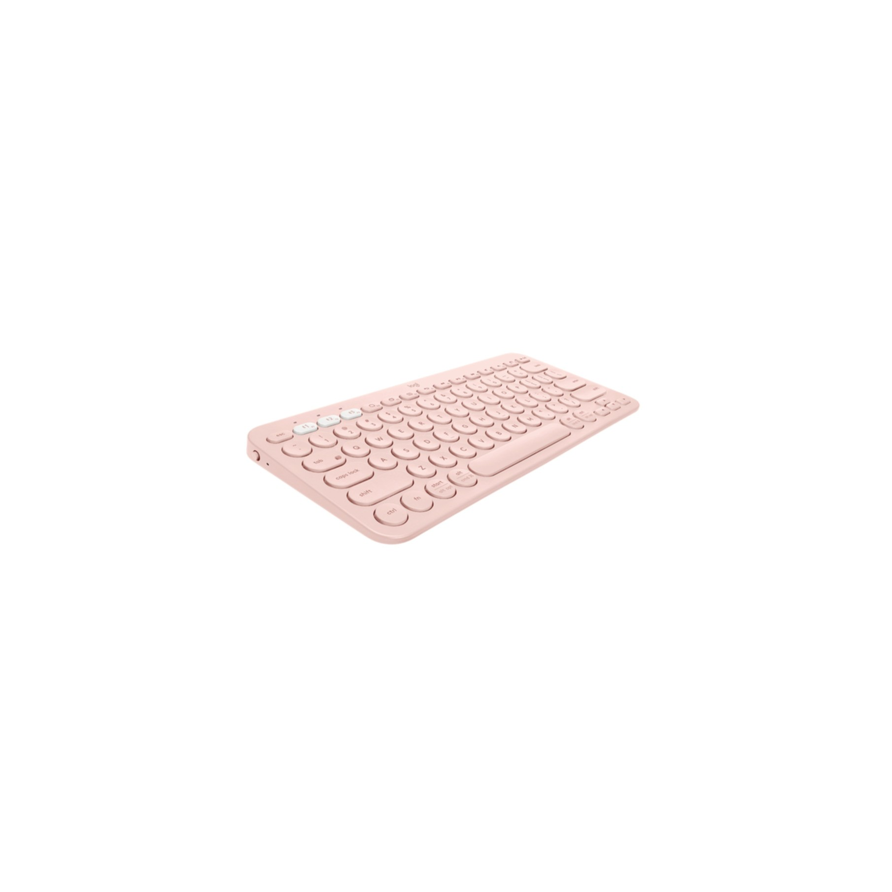 Eine kompakte, rosa kabellose Tastatur mit runden Tasten auf einem weißen Hintergrund.