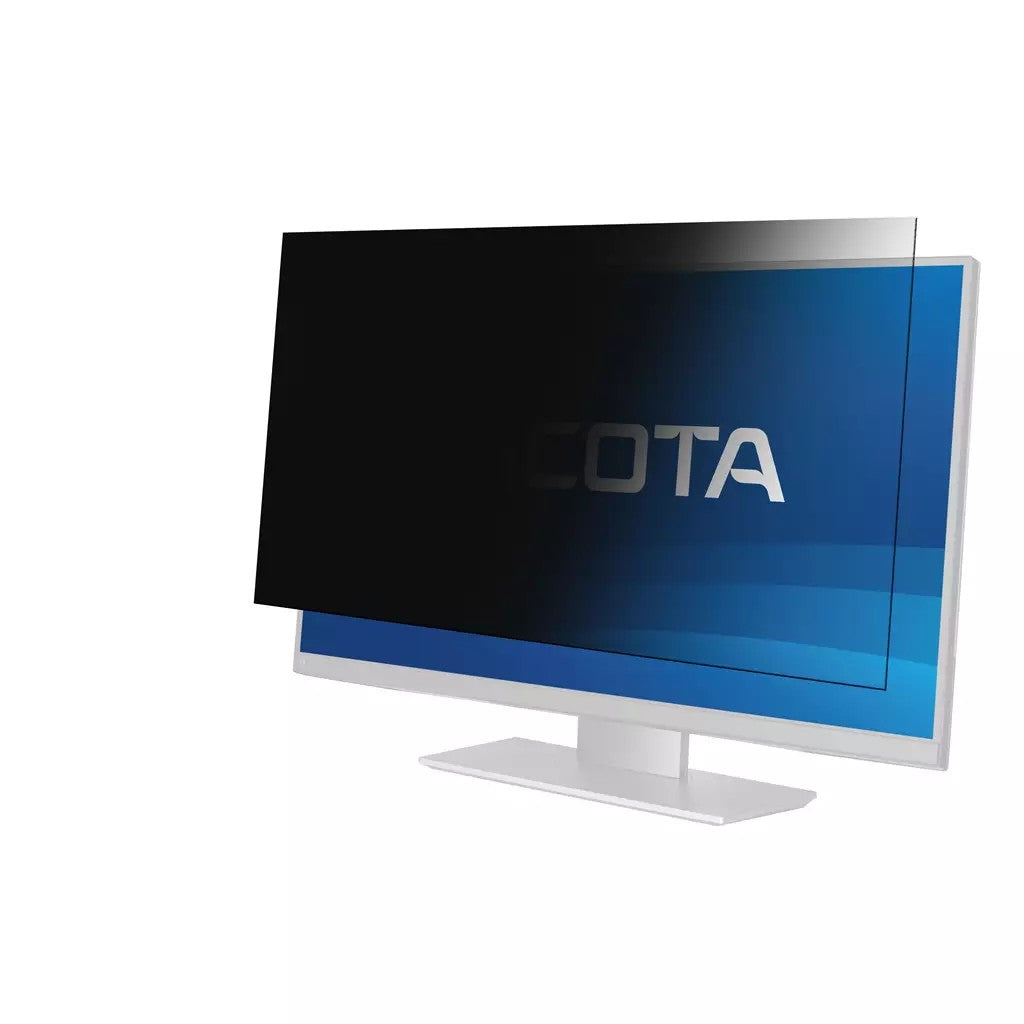 Ein weißer Monitor mit einem teilweise aufgelegten, schwarzen Blickschutzfilter auf dem blauen Bildschirm.