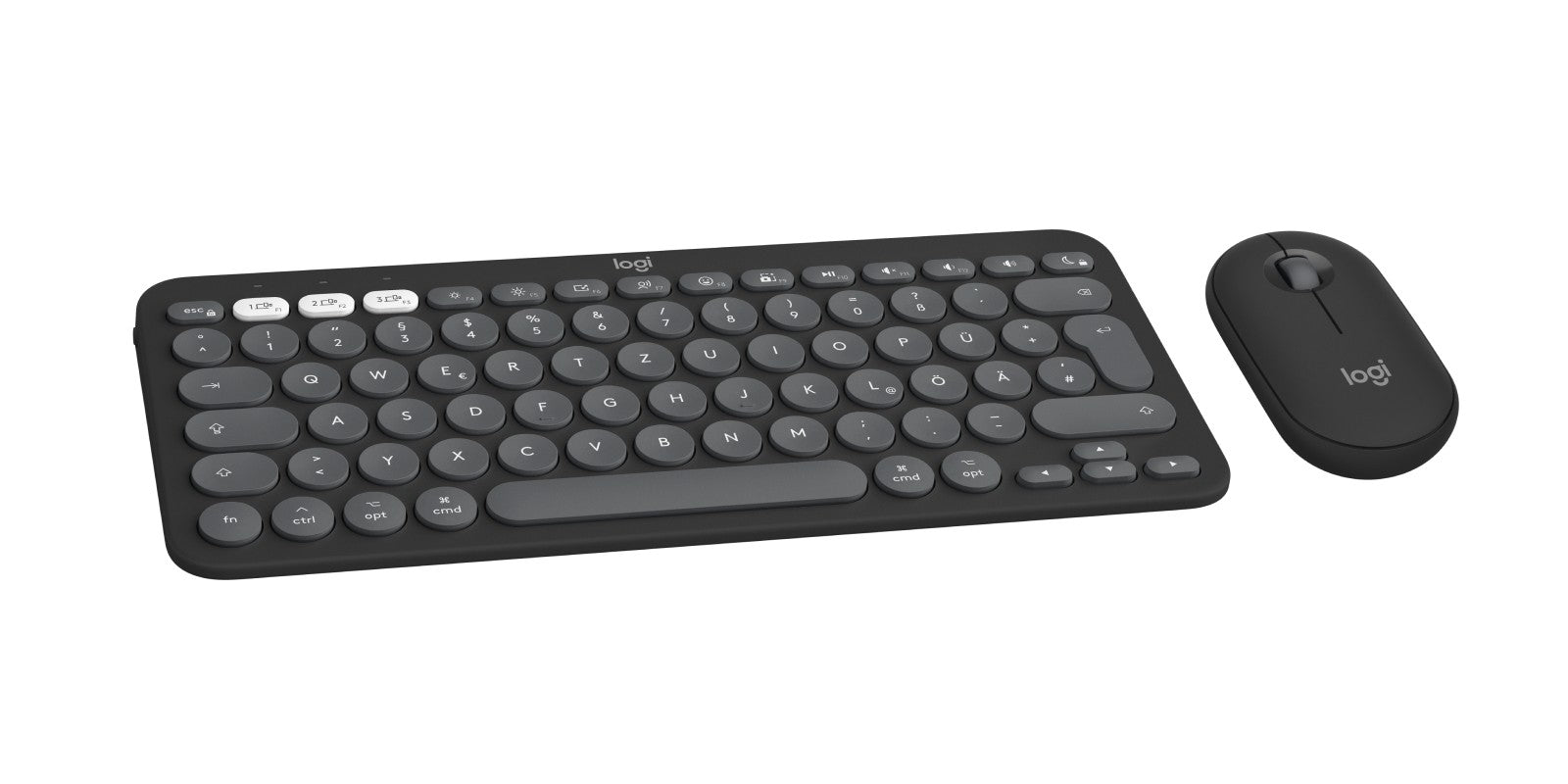 Eine schwarze kabellose Logitech-Tastatur mit runden Tasten und eine passende schwarze Maus auf weißem Hintergrund.