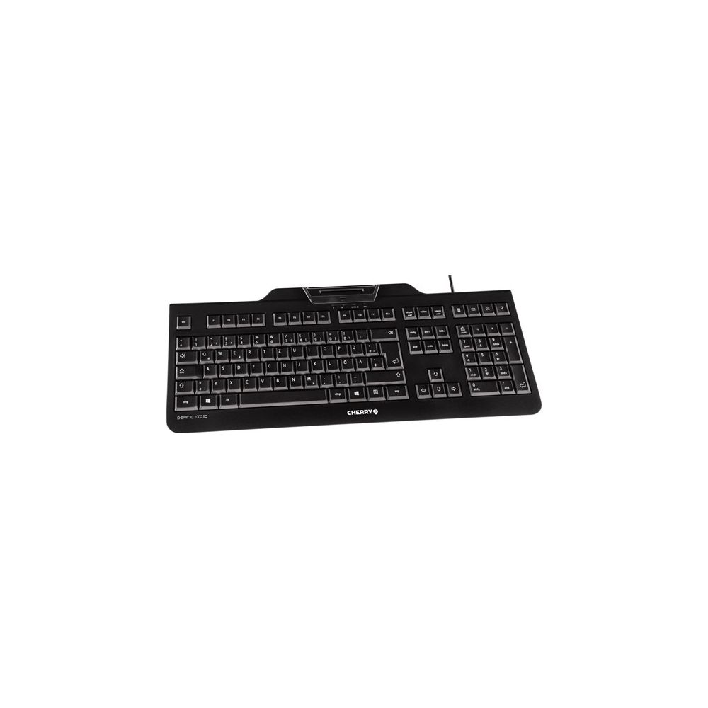 Eine schwarze Cherry Tastatur mit deutschem Layout liegt isoliert vor einem weißen Hintergrund.