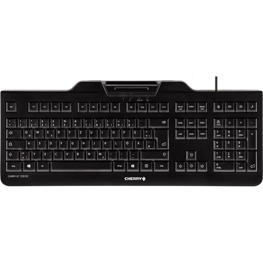 Eine schwarze Cherry KC 1000 SC Tastatur mit deutschem QWERTZ-Layout auf weißem Hintergrund.