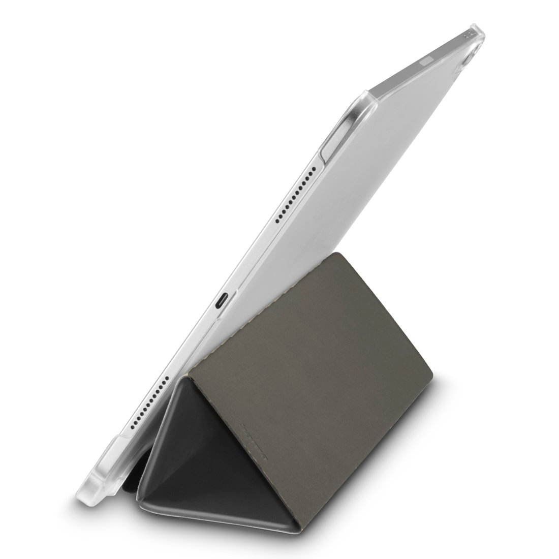 Tablet w etui ochronnym stoi pionowo na białym tle.