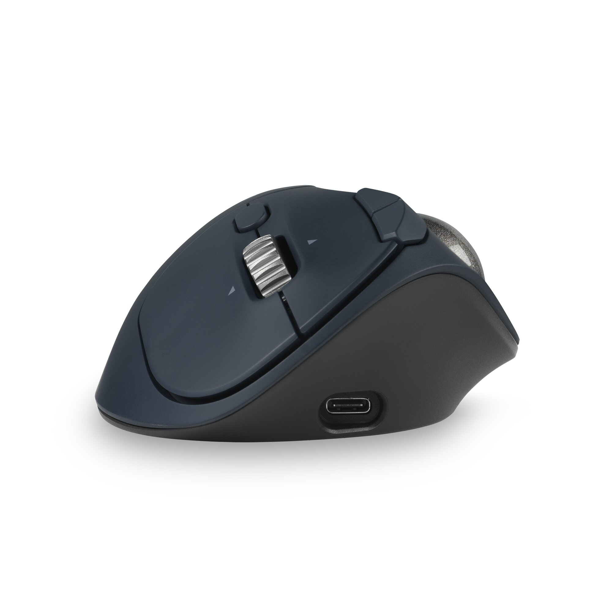 Dark grey ergonomic trackball mouse with silver scroll wheel and USB-C port.