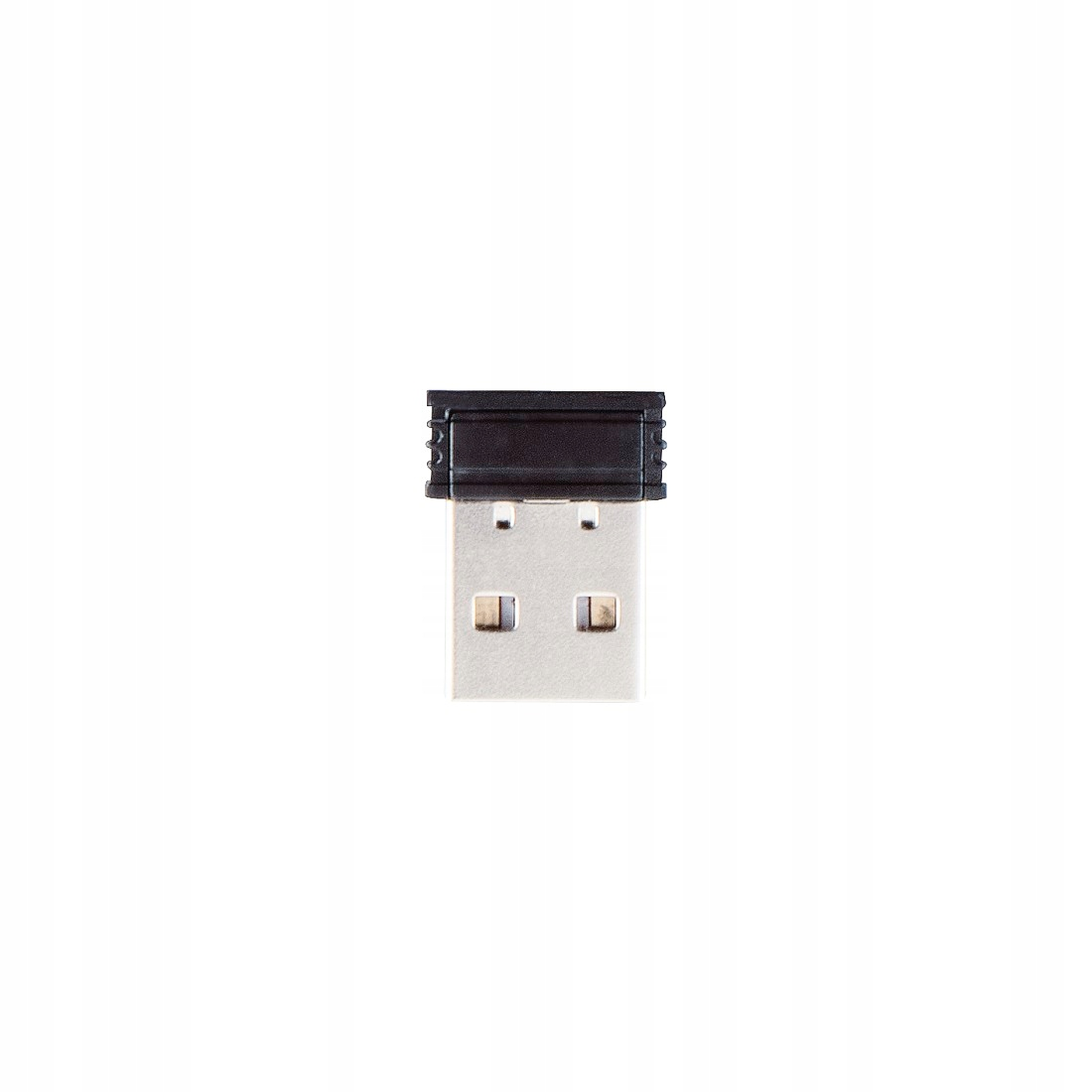 Kleiner schwarzer und silberner USB-Empfänger auf weißem Hintergrund.
