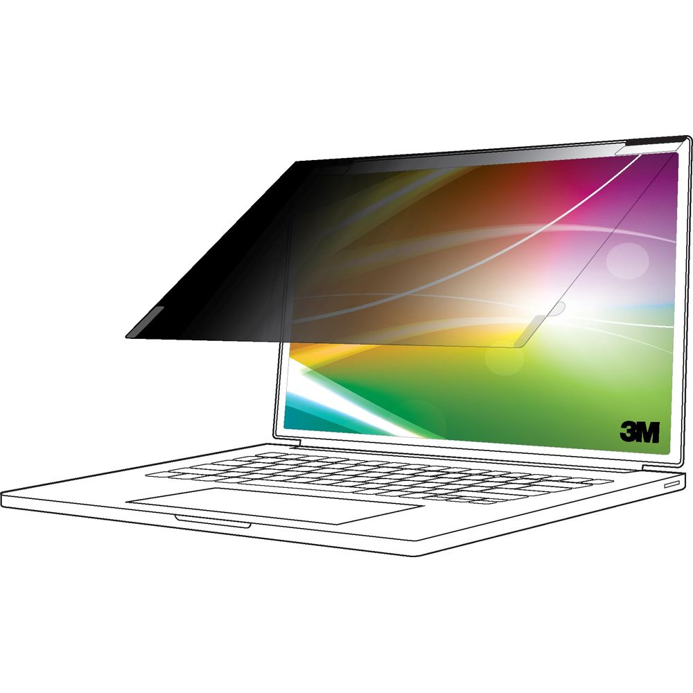 Ein Laptop mit einem Blickschutzfilter, der auf den farbigen Bildschirm aufgesetzt wird.