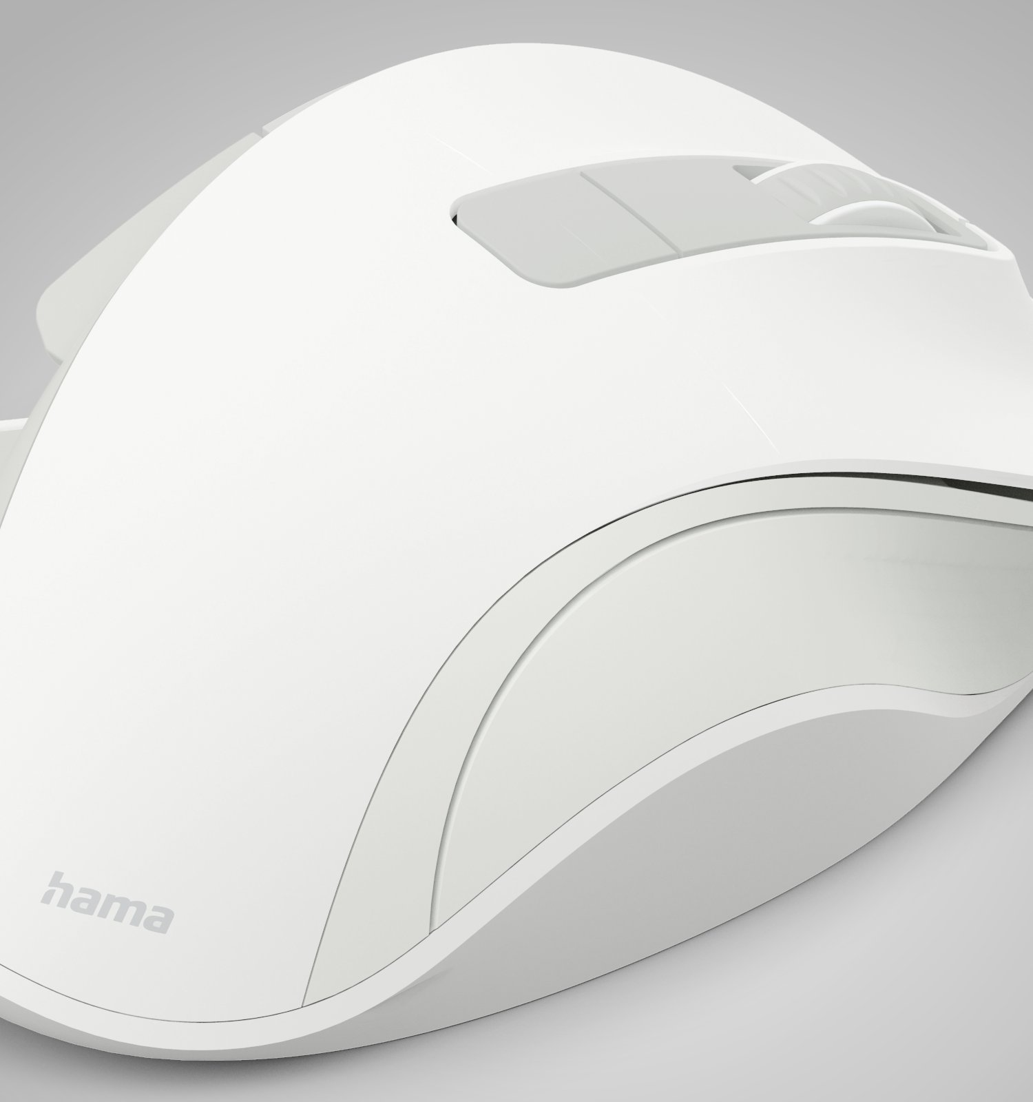 Eine weiße kabellose Computermaus mit grauen Tasten und dem Hama-Logo.
