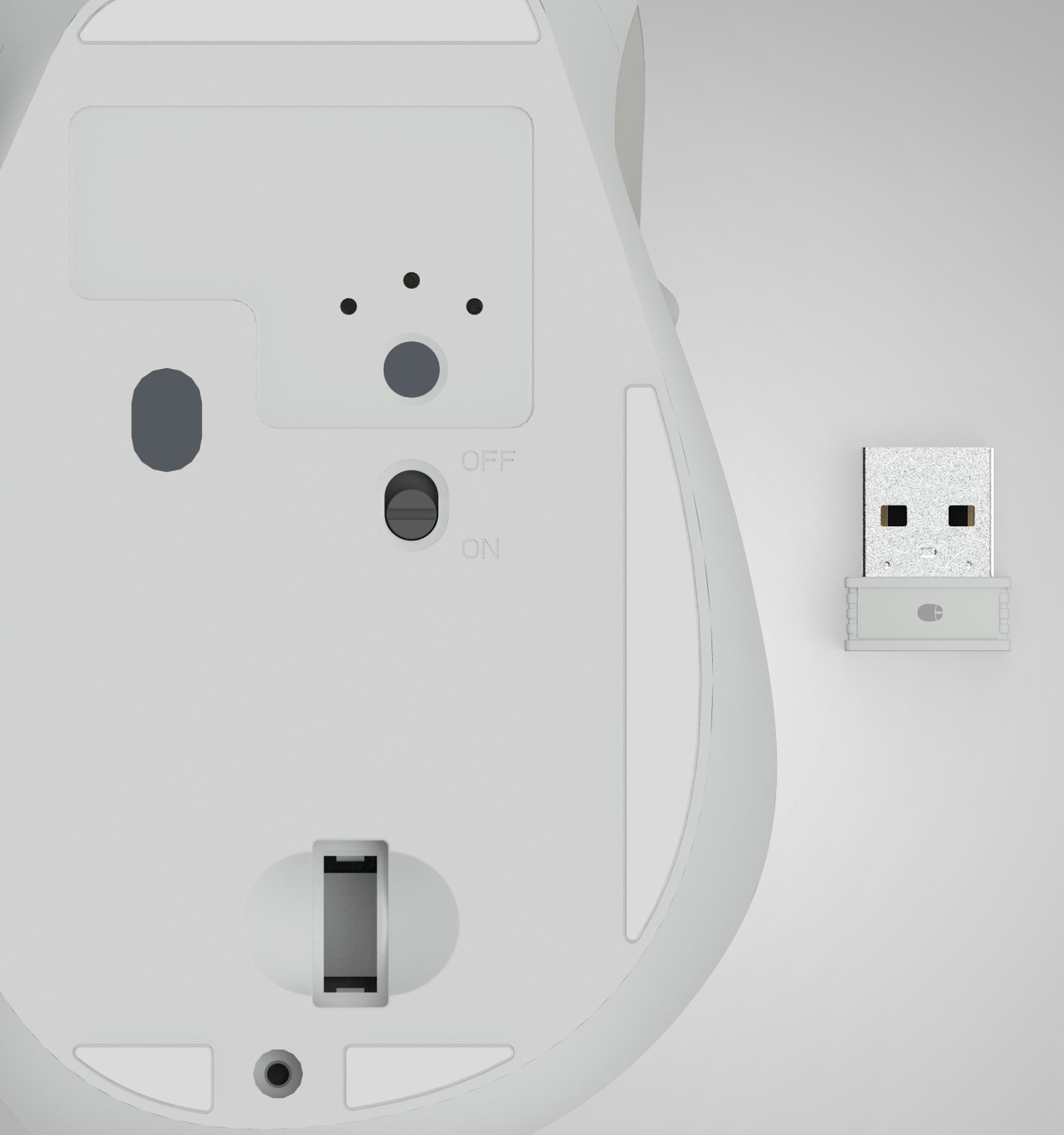 Unterseite einer weißen Computermaus mit ON/OFF-Schalter, Sensor und separatem USB-Empfänger.