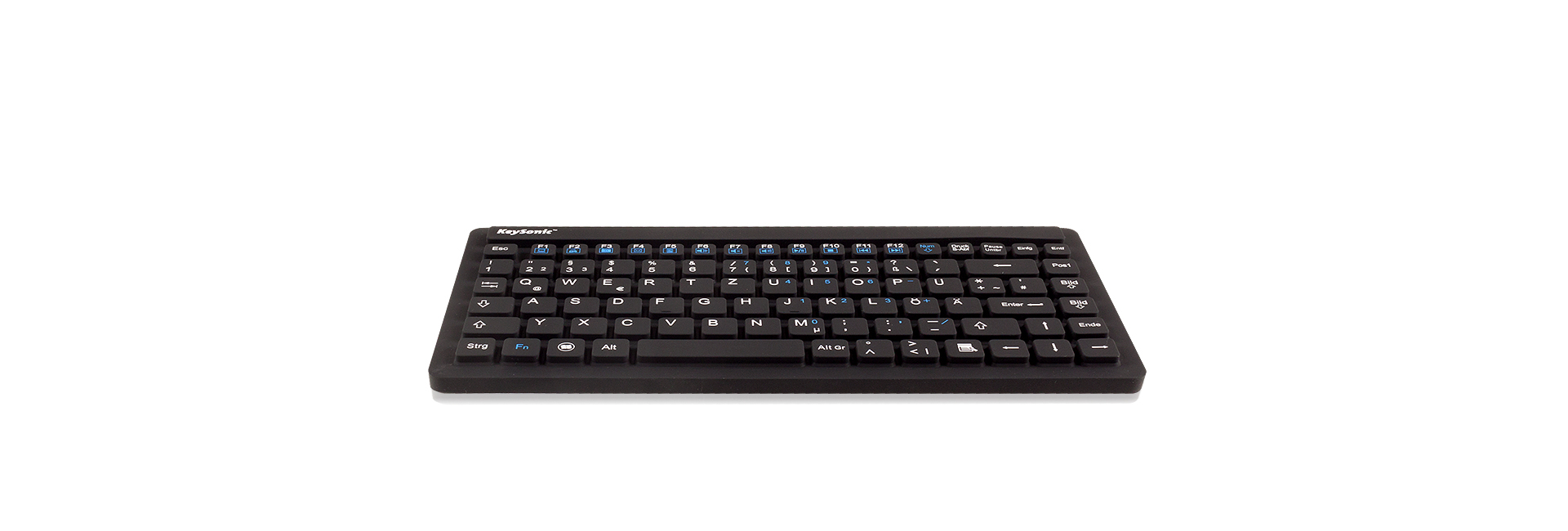 Una mini tastiera in silicone KeySonic nera su superficie bianca con sfondo neutro.