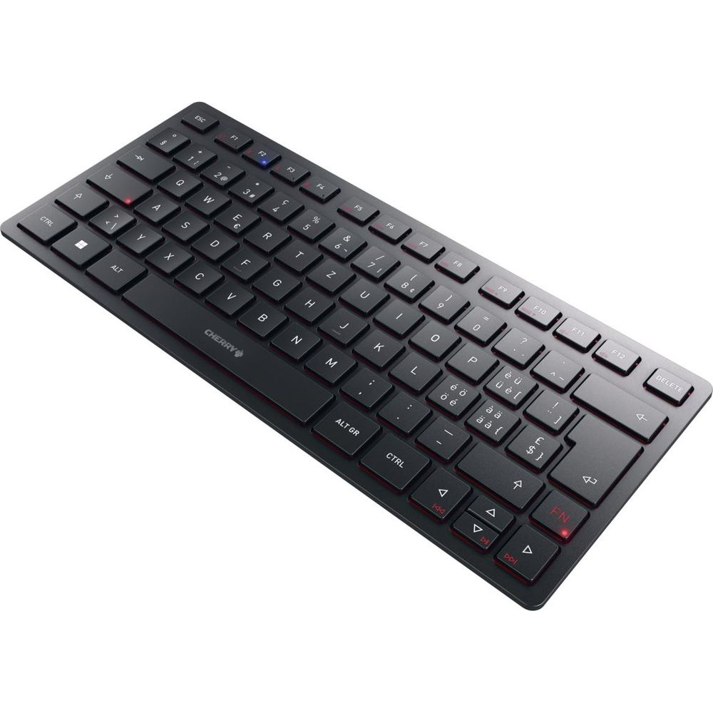 Schwarze Cherry-Tastatur mit QWERTZ-Layout auf weißem Hintergrund.