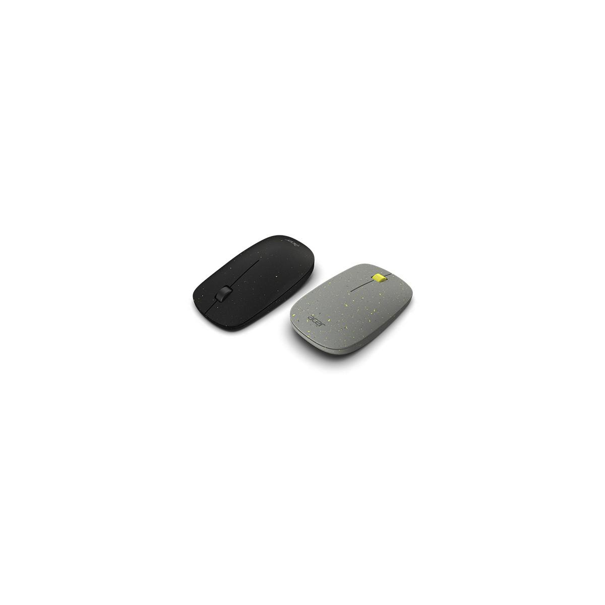 Due mouse wireless Acer nero e grigio con superfici maculate su sfondo bianco.