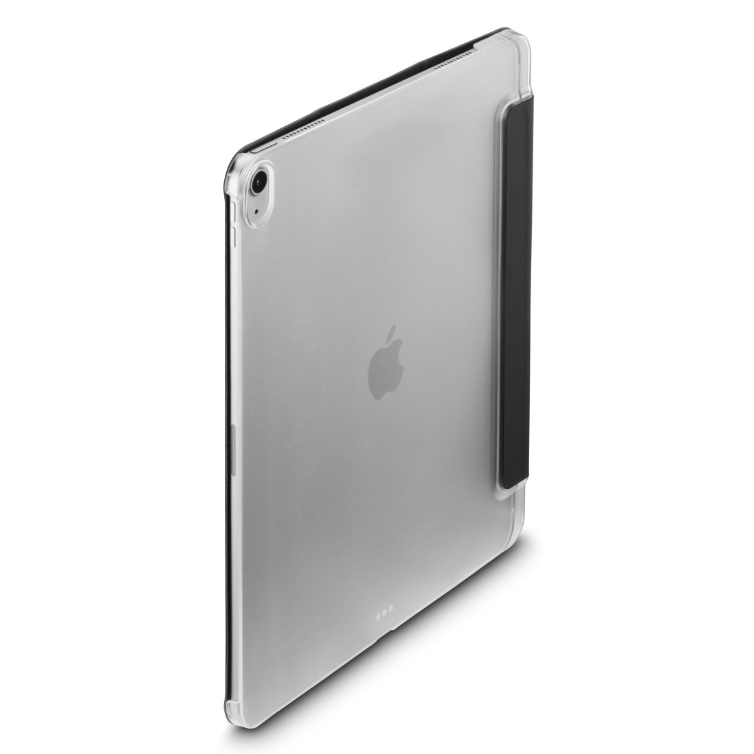 Tył tabletu w przezroczystym etui z czarną ramką i logo Apple.