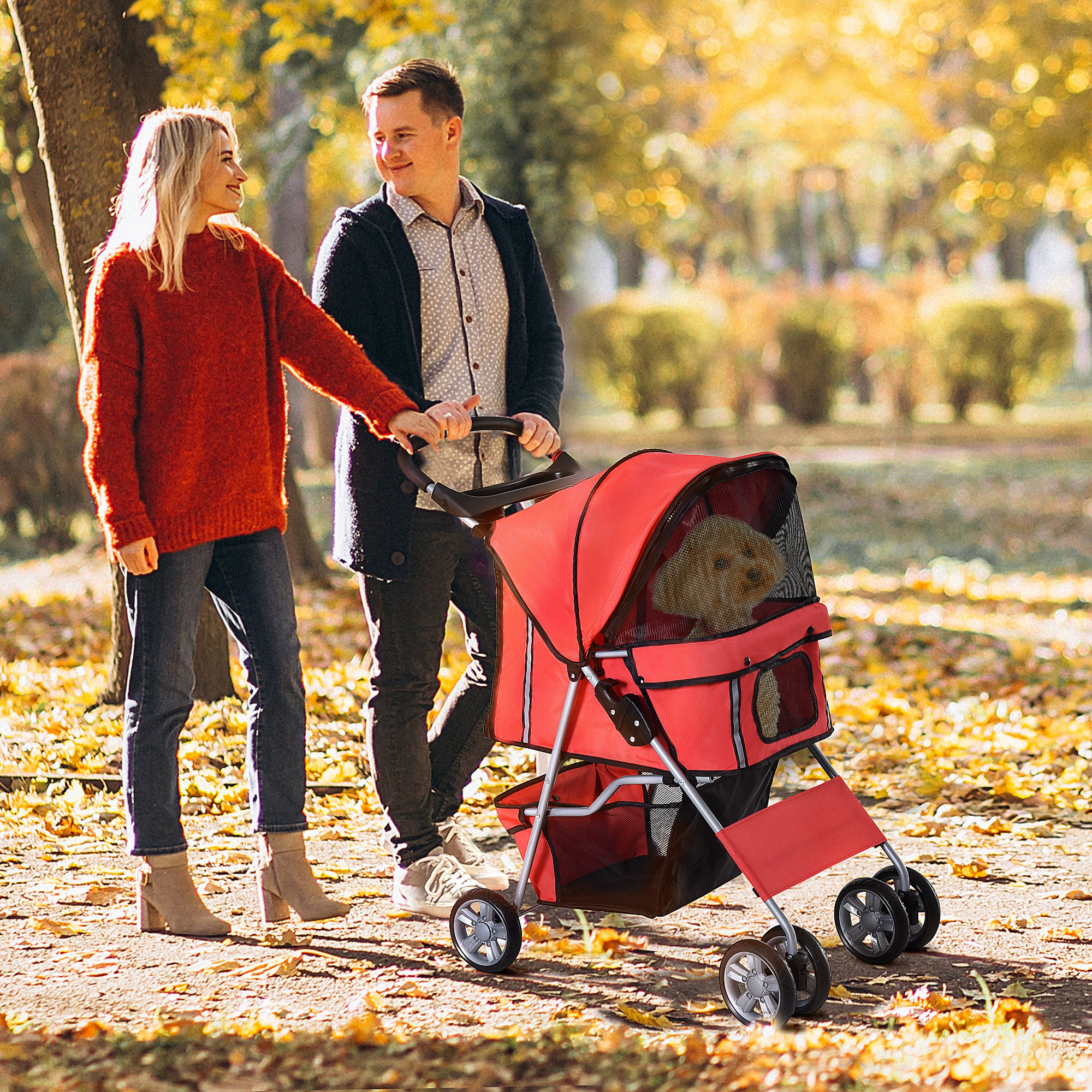 Una coppia passeggia in un parco autunnale spingendo un passeggino rosso con un cane.