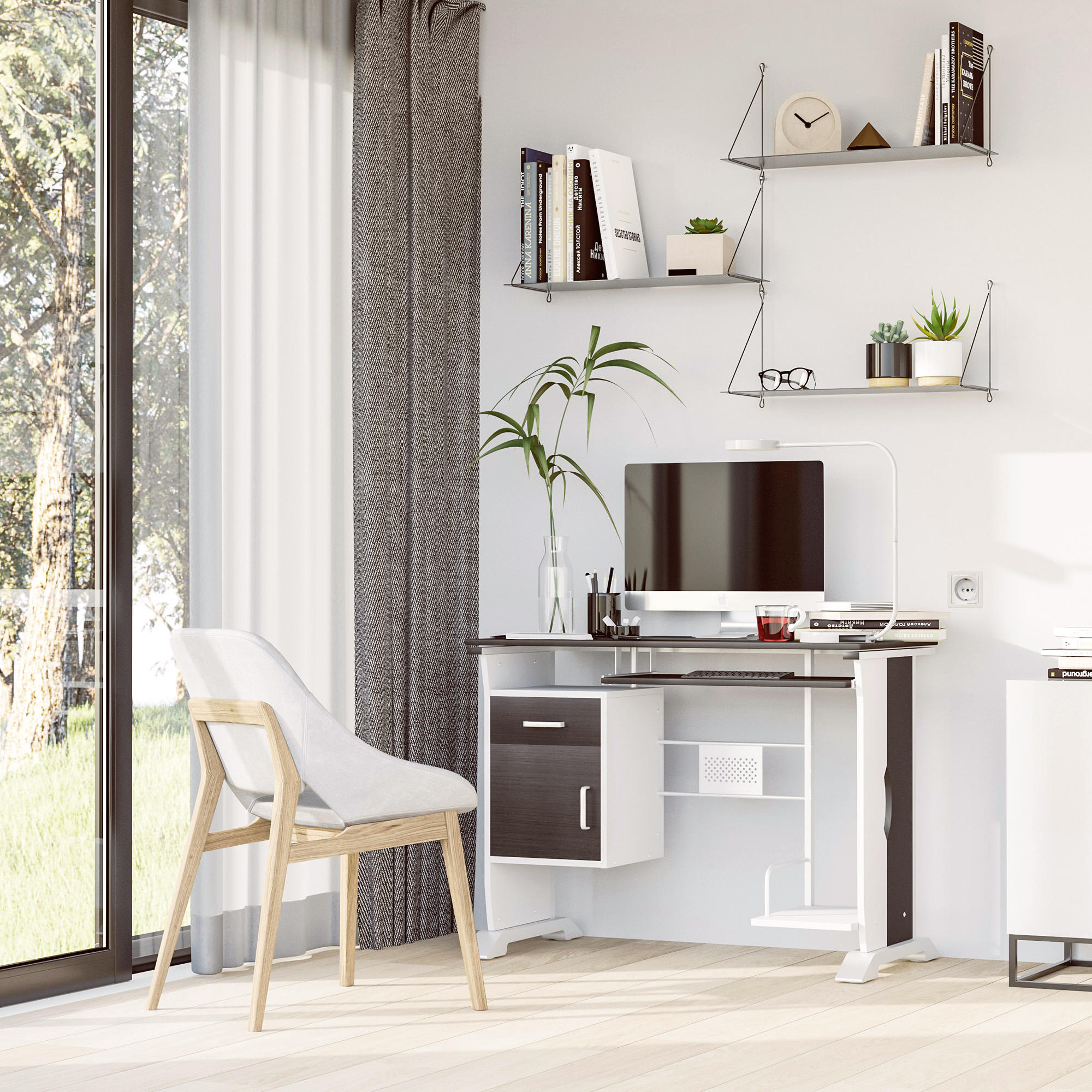Moderno set di scrivania e sedia in una stanza luminosa con una grande finestra.