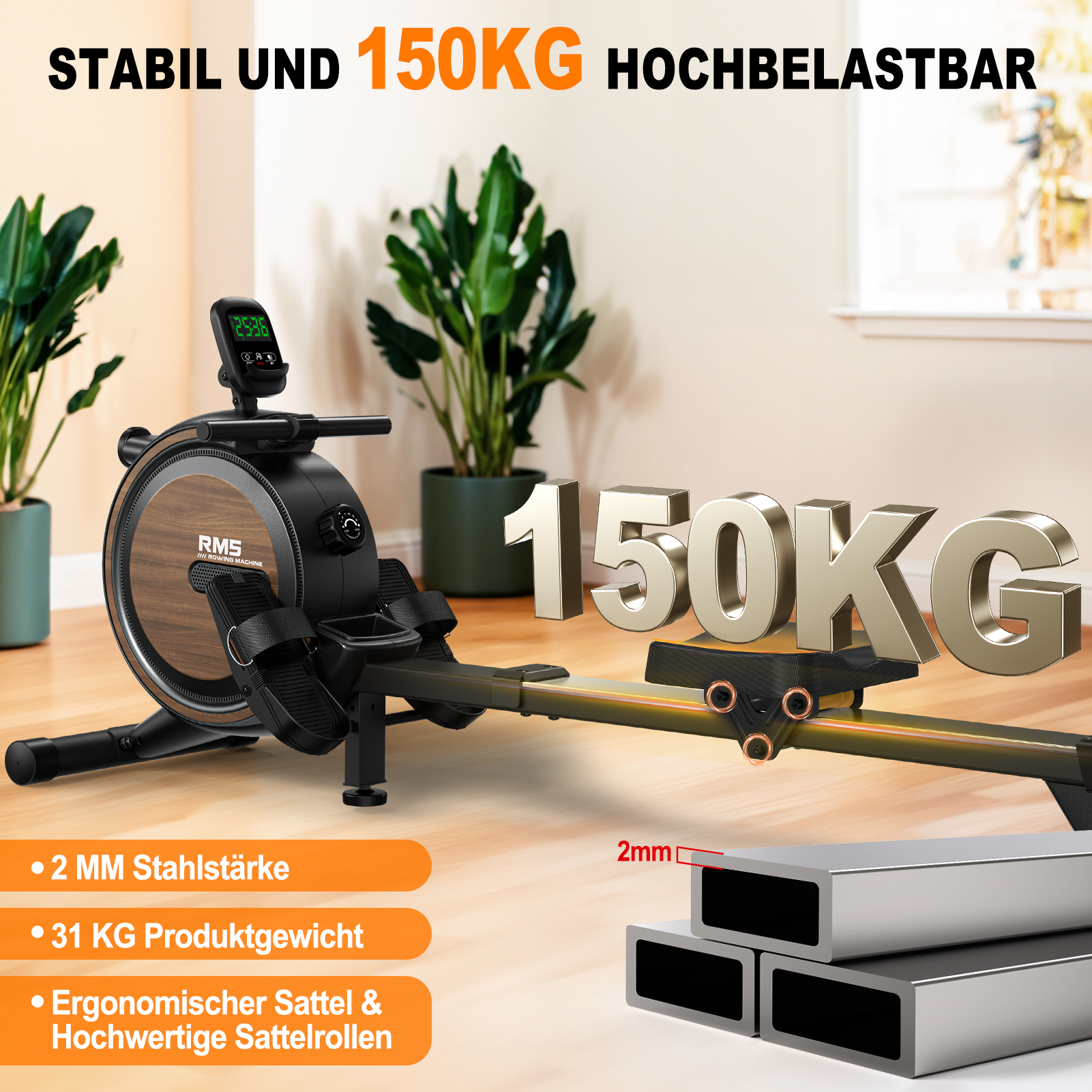 Stabiles Rudergerät in Holzoptik mit 150 kg Tragkraft, digitalem Monitor und 2 mm Stahlrahmen.
