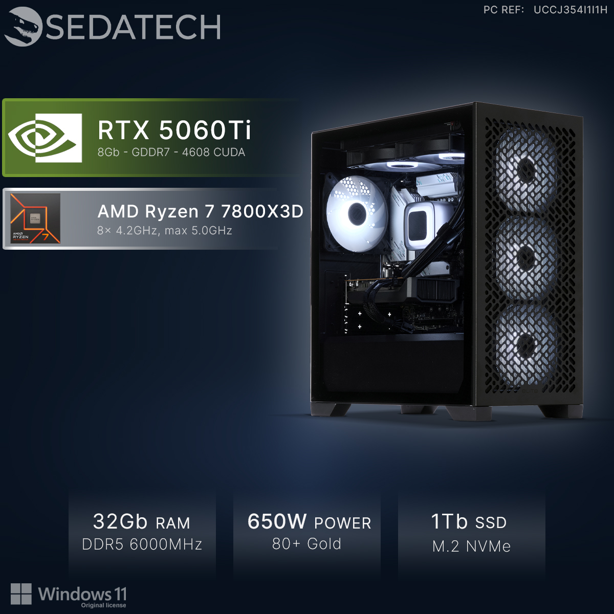 Schwarzer Sedatech Gaming-PC mit RTX 5060Ti, Ryzen 7 7800X3D, 32GB RAM, 650W Netzteil, 1TB SSD und weißen Lüftern.