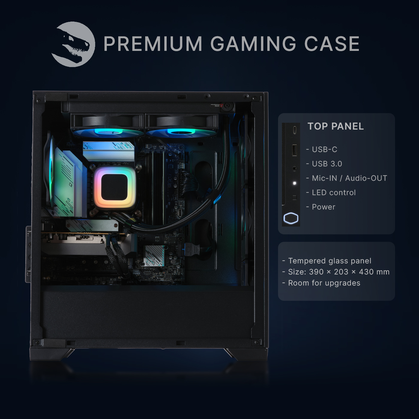 Premium-Gaming-Gehäuse mit internen Komponenten und Details zum Top-Panel sowie zu den Abmessungen.