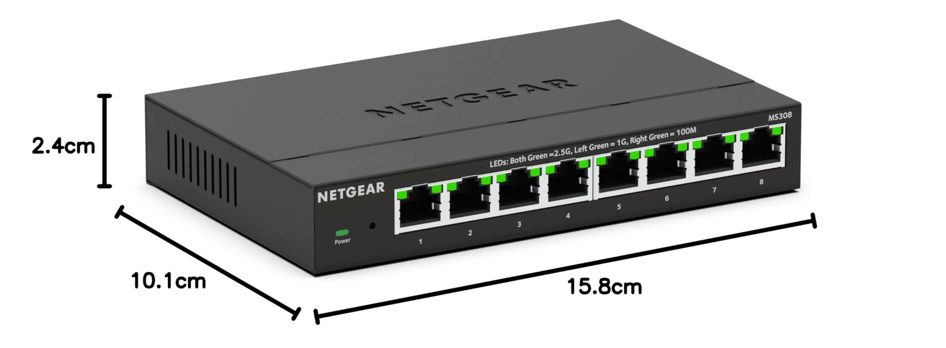 Czarny switch Netgear MS308 o wymiarach: 15.8cm szerokości, 10.1cm głębokości, 2.4cm wysokości.