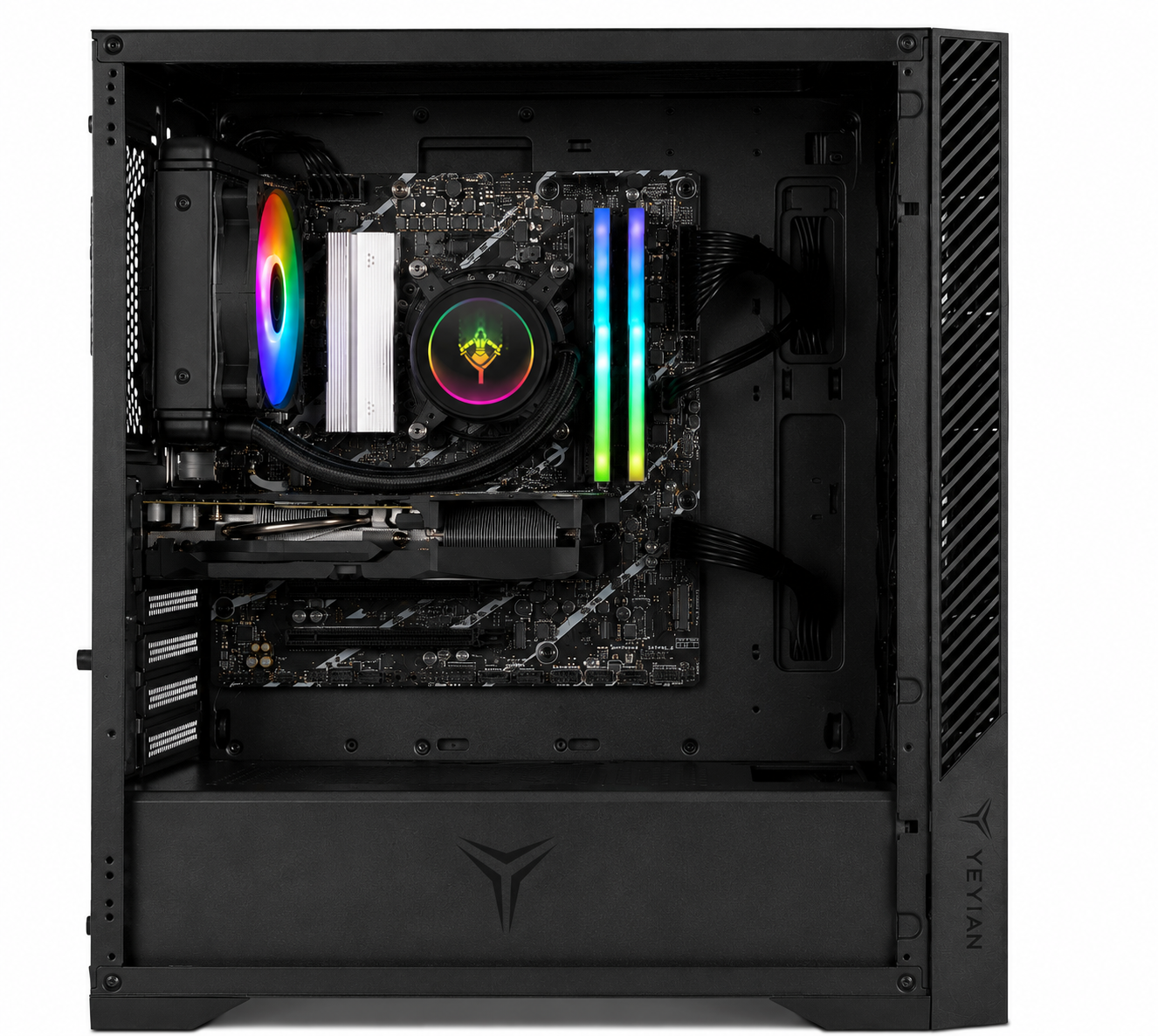 Interior de una caja de PC negra con placa base, RAM RGB, refrigeración líquida con logo iluminado y tarjeta gráfica.
