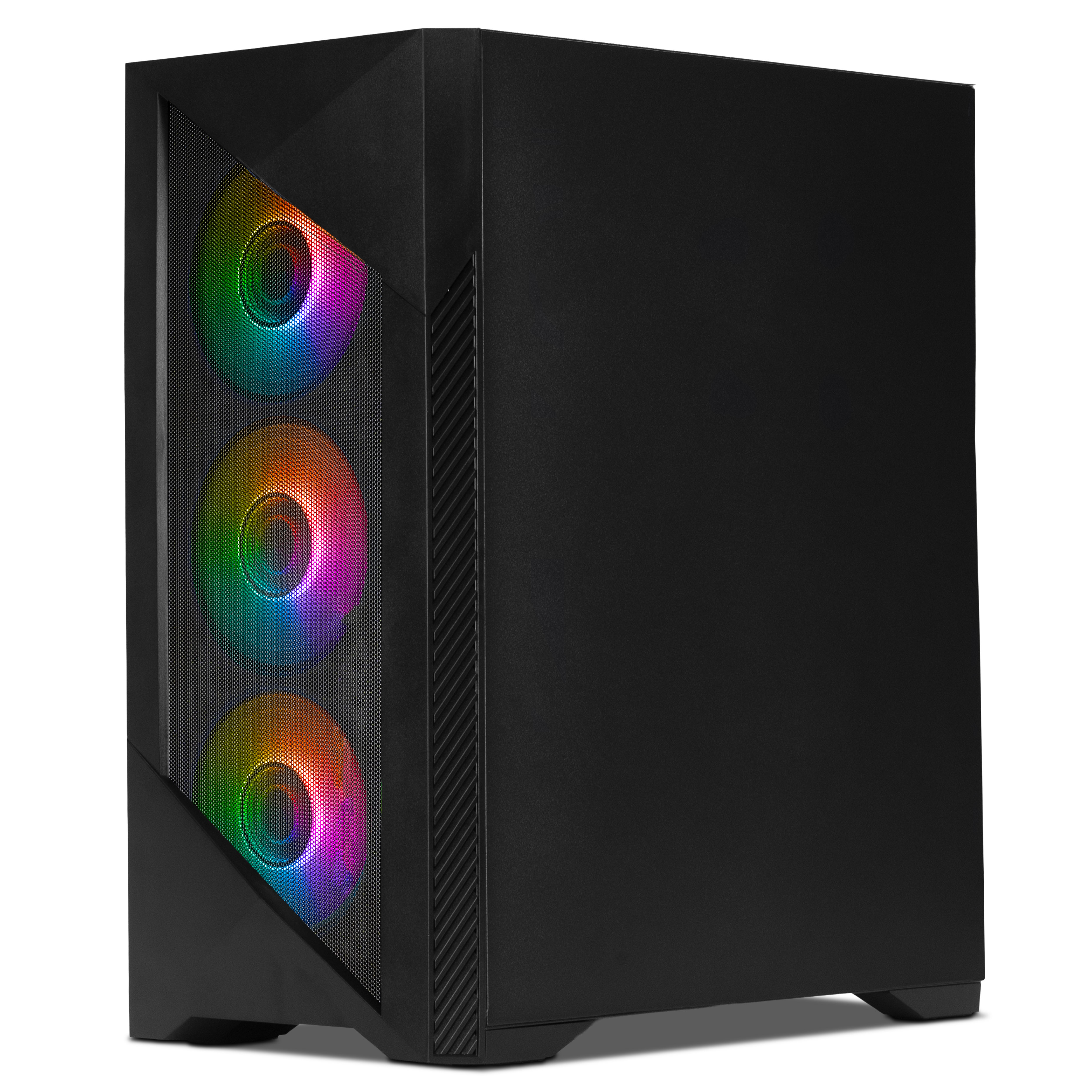 Torre de PC negra con tres ventiladores RGB iluminados en el panel frontal de malla sobre fondo blanco.
