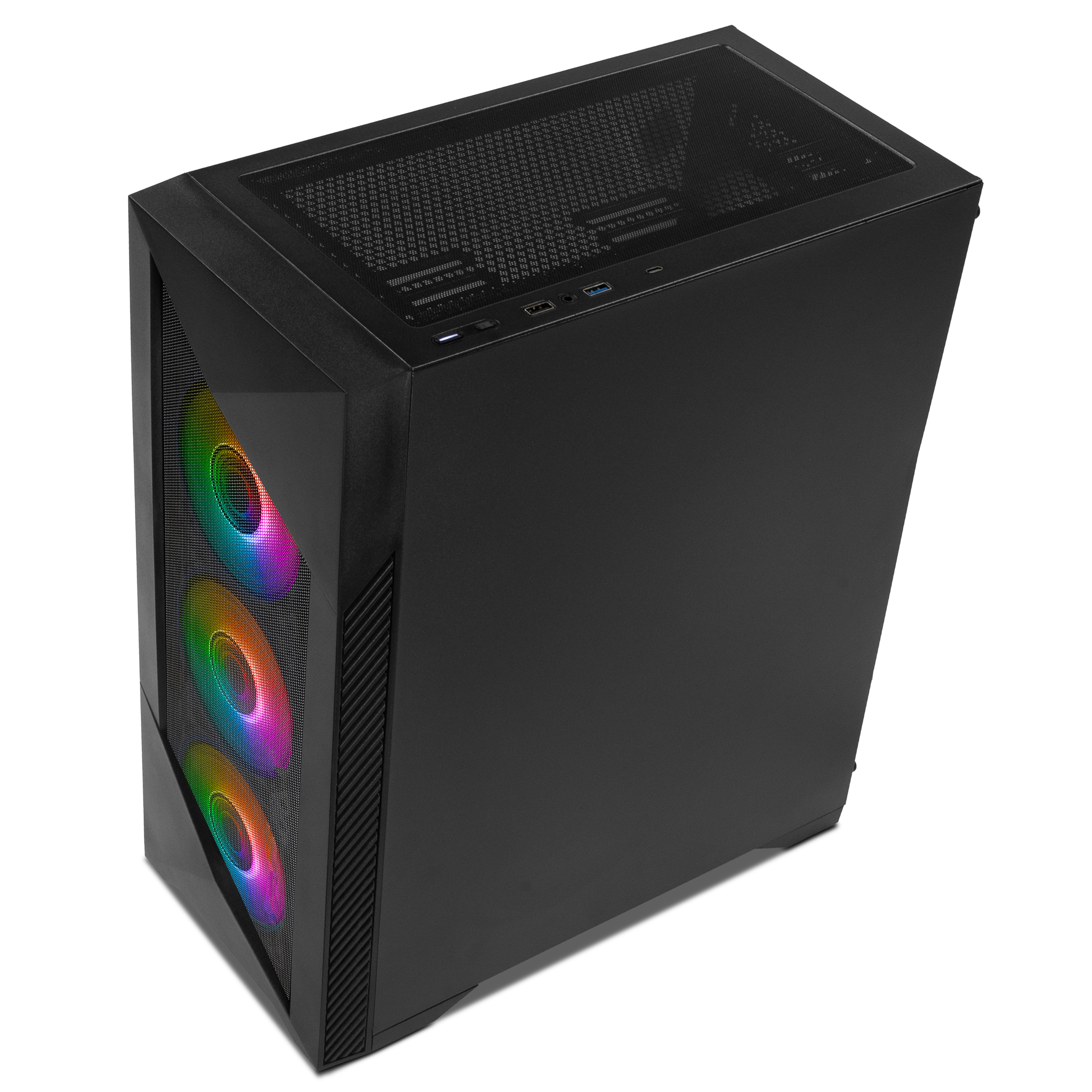 Una torre de PC negra con tres ventiladores RGB al frente y malla superior sobre fondo blanco.
