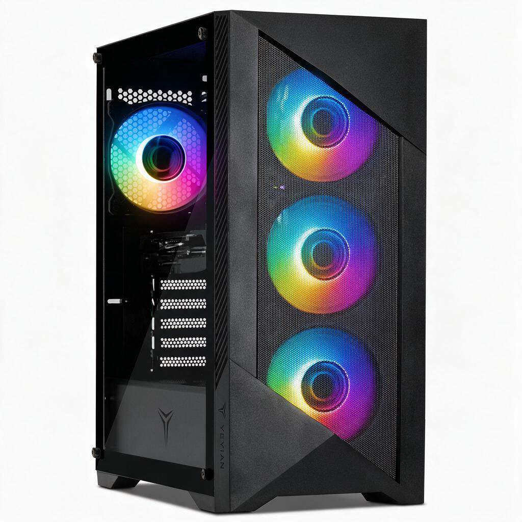 Una torre de PC para juegos negra con ventiladores RGB brillantes y panel lateral de vidrio sobre fondo blanco.