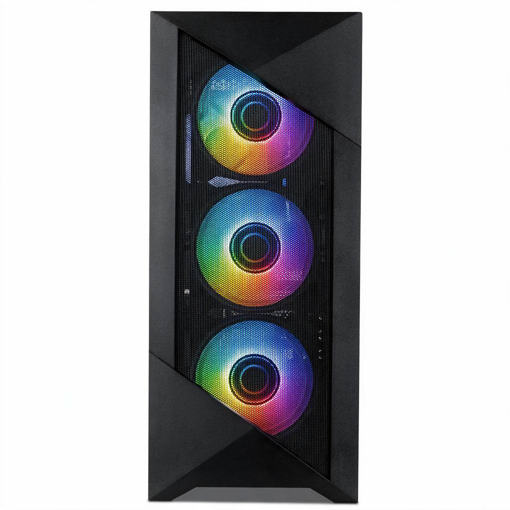 Vista frontal de una torre de PC negra con tres ventiladores RGB iluminados tras una rejilla sobre fondo blanco.