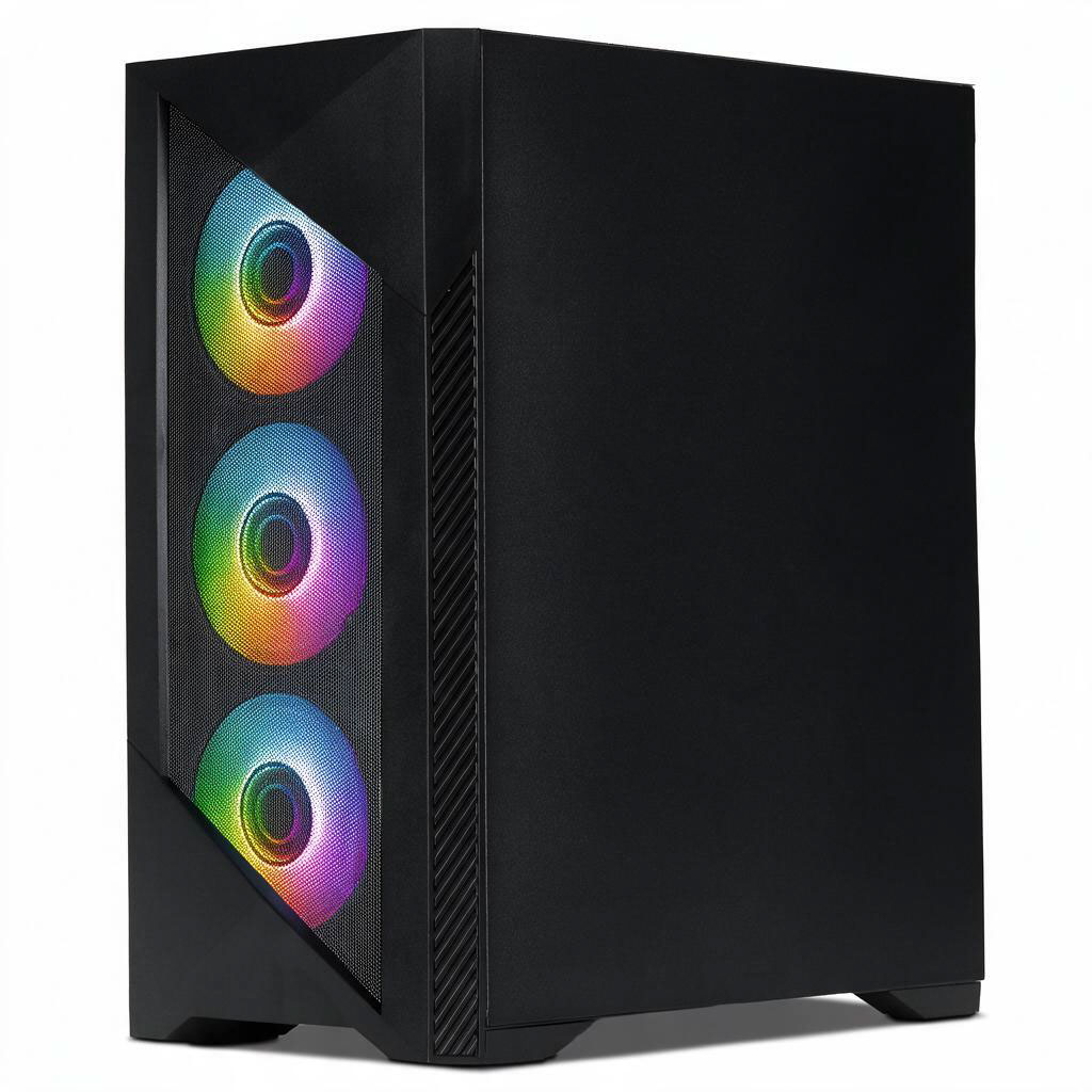 Gabinete de PC negro con frente de malla y tres ventiladores RGB brillantes sobre fondo blanco.