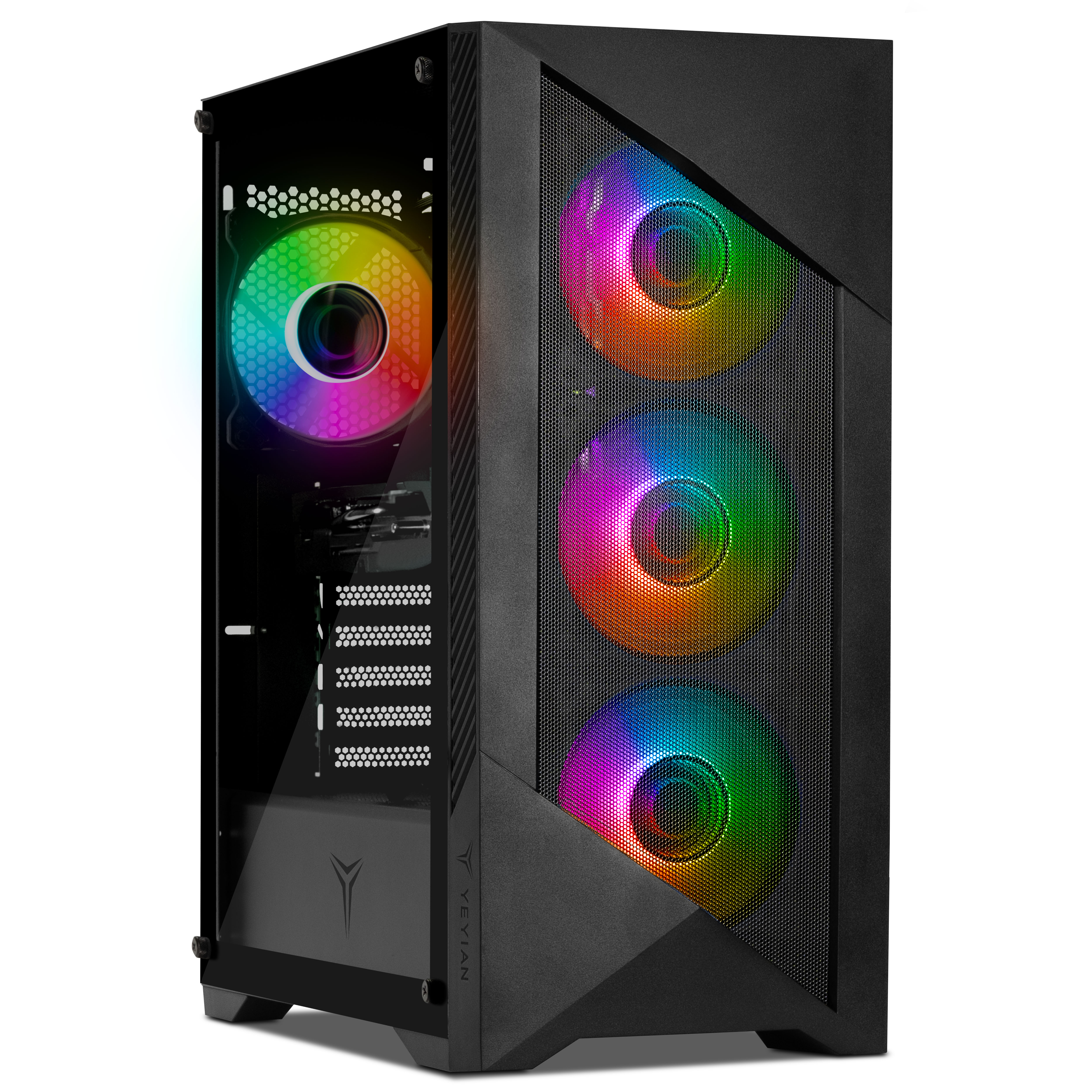 Torre de PC para juegos negra con panel lateral de cristal y cuatro ventiladores RGB.