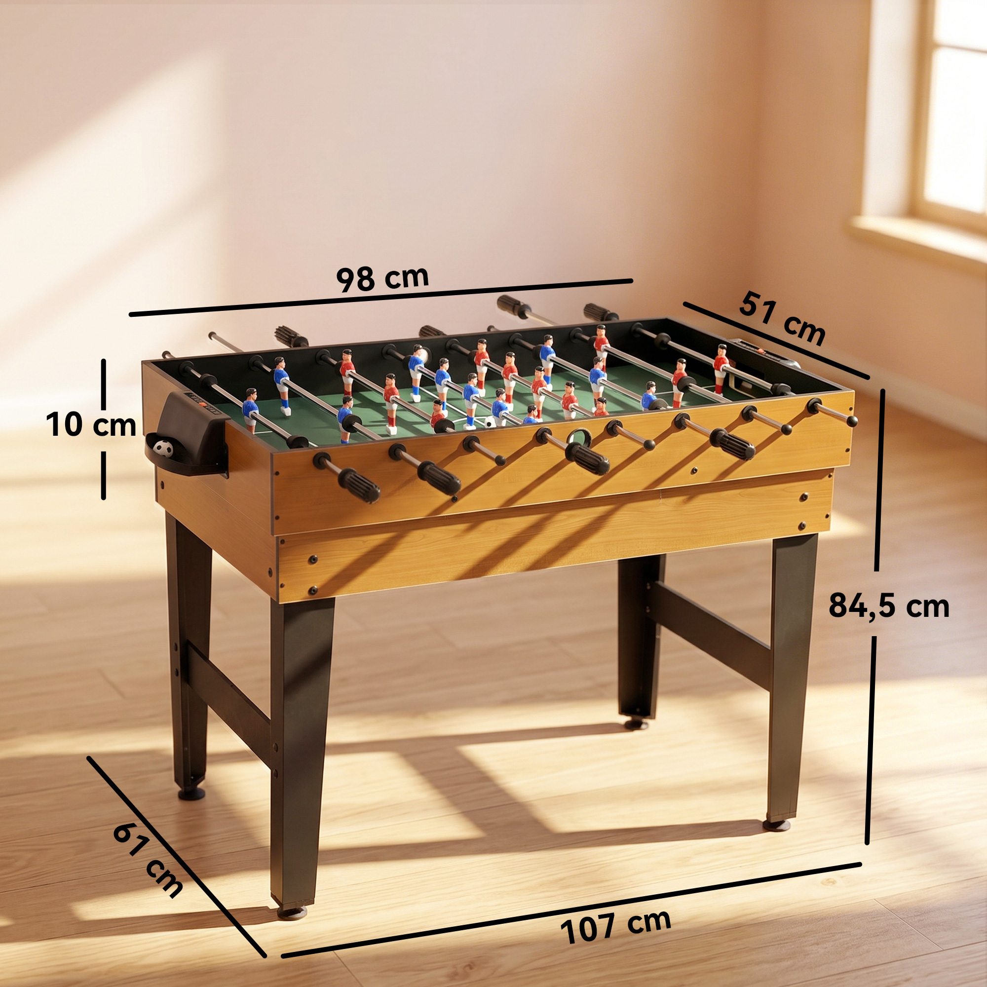 Un futbolín de madera con patas, líneas de medida y números que indican dimensiones.