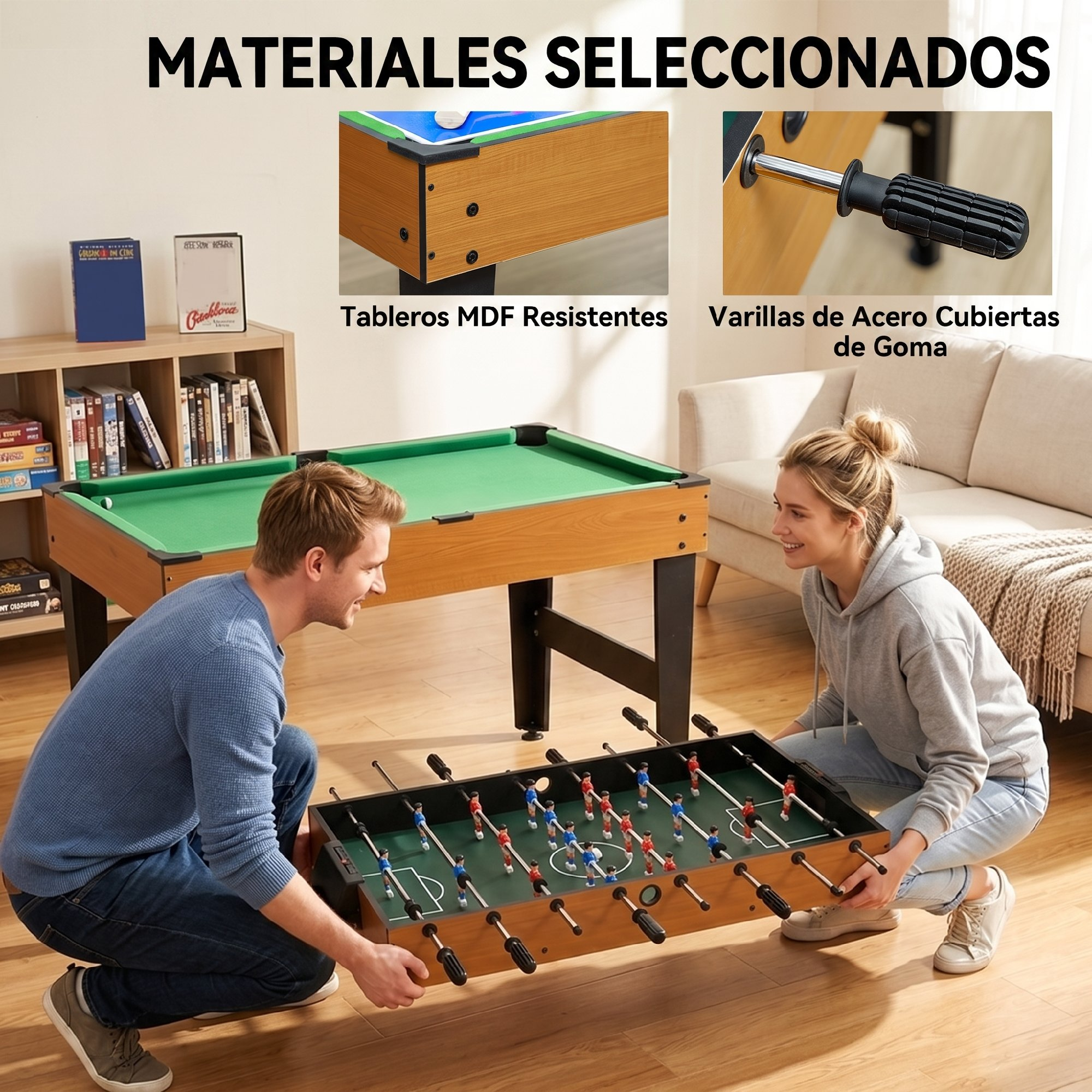 Un hombre y una mujer sostienen un futbolín cerca de una mesa de billar en una sala, con fotos de detalles.