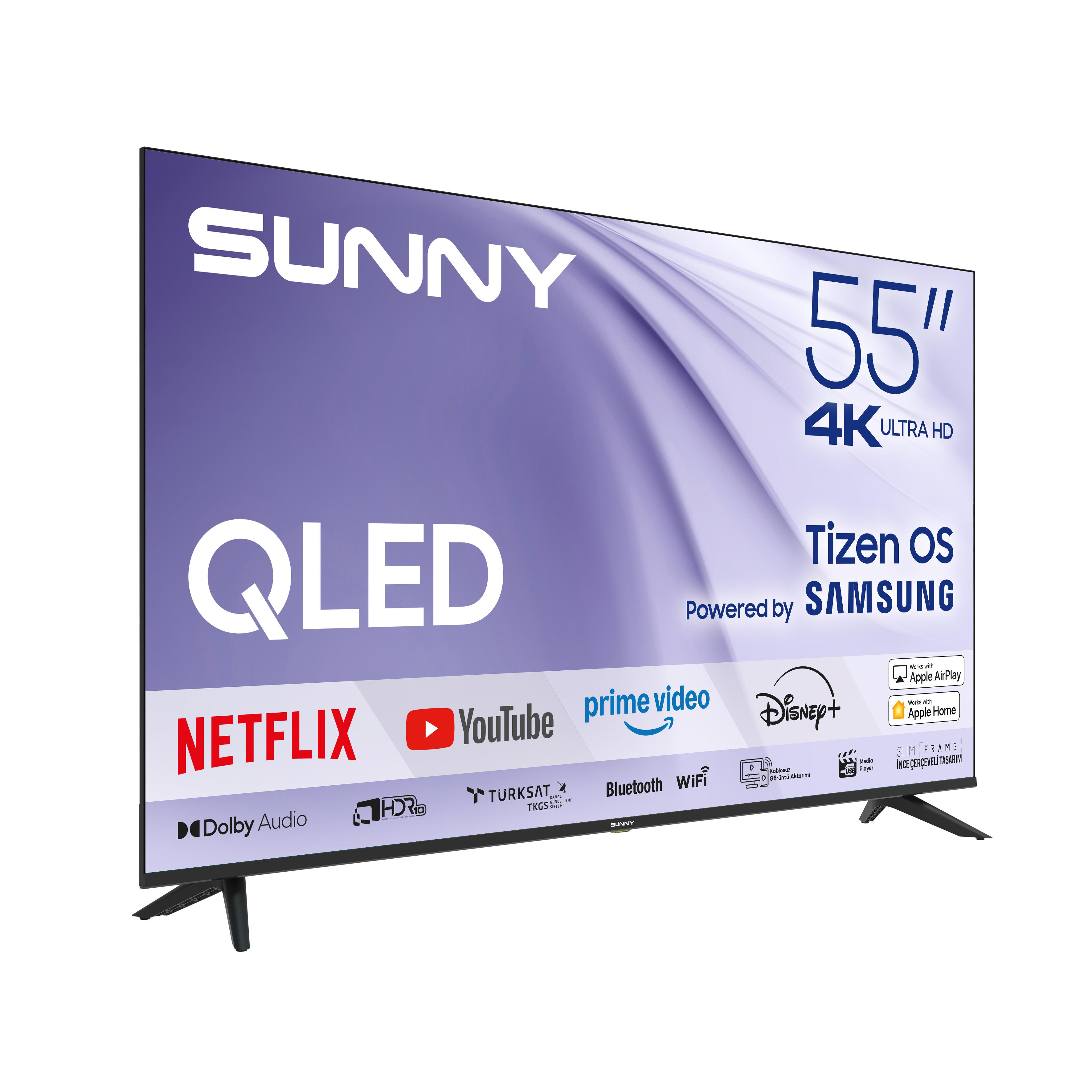 Tizen OS işletim sistemine ve ekranında çeşitli yayın uygulaması logolarına sahip Sunny 55 inç 4K QLED TV.