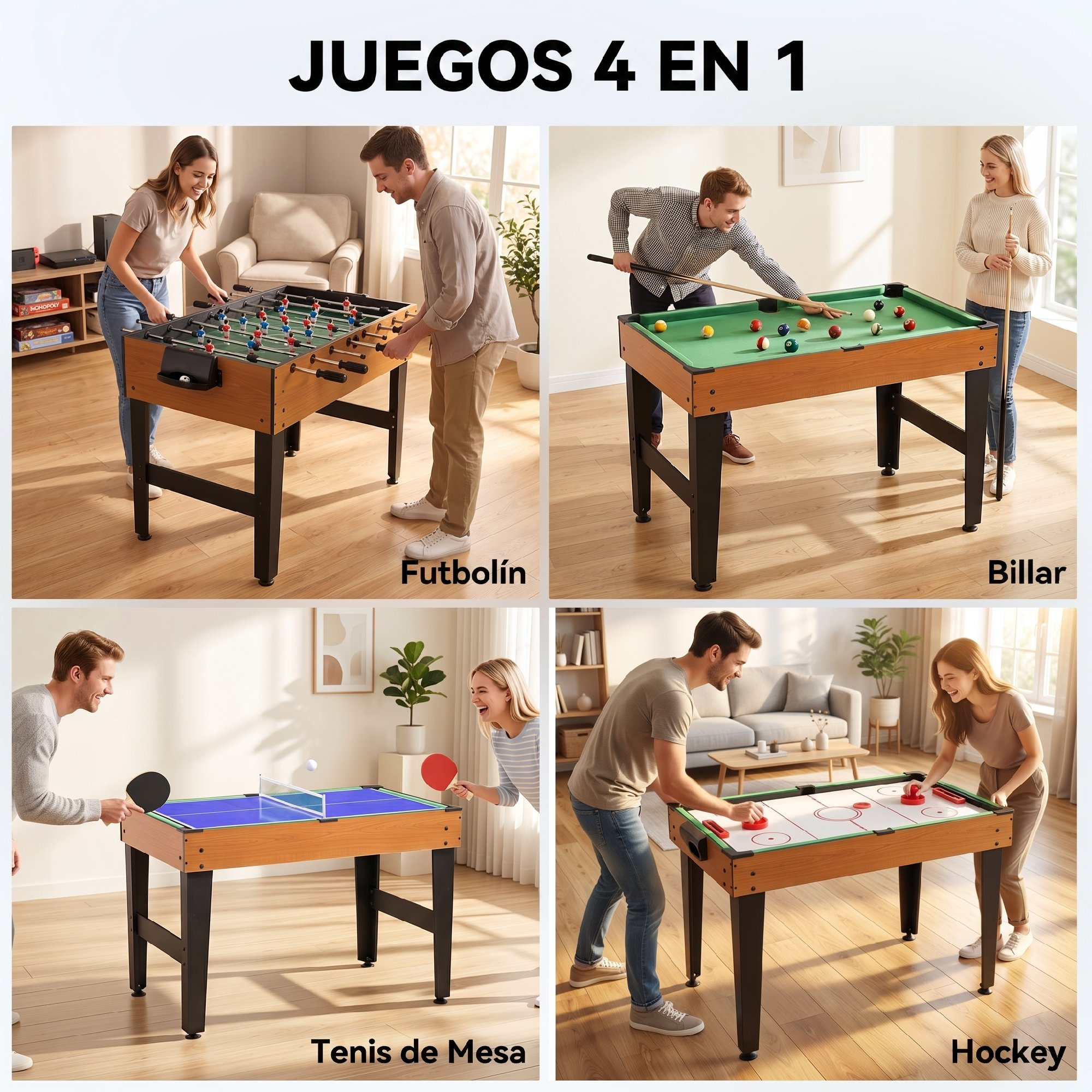 Una mesa de juegos 4 en 1 con futbolín, billar, tenis de mesa y hockey, utilizada por una pareja.