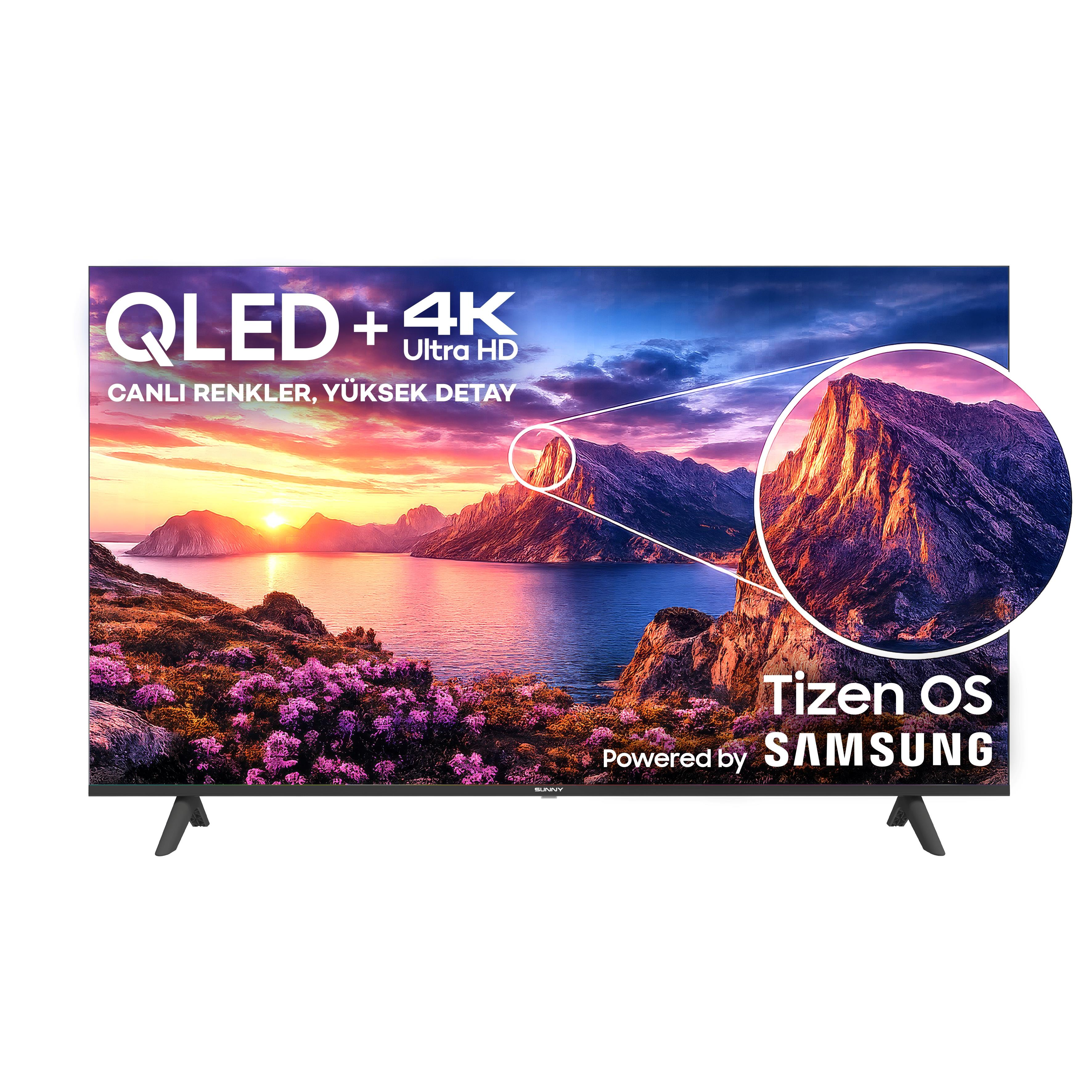 Bir QLED 4K Ultra HD TV, göl kenarında bir dağ manzarasını ve büyütülmüş detay dairesini gösterir.