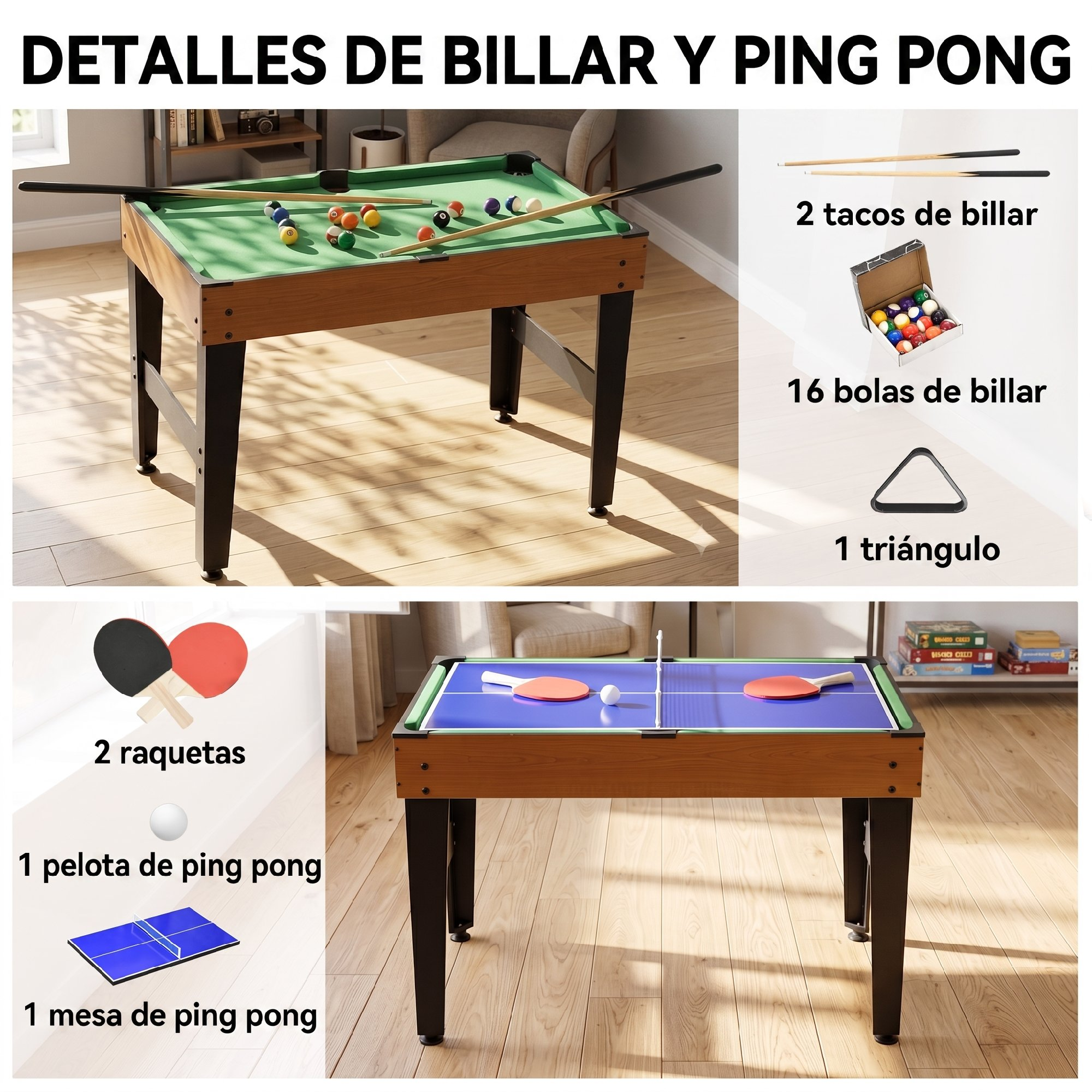Mesa multijuegos que muestra configuraciones de billar y ping pong con accesorios como tacos, bolas, raquetas y red.