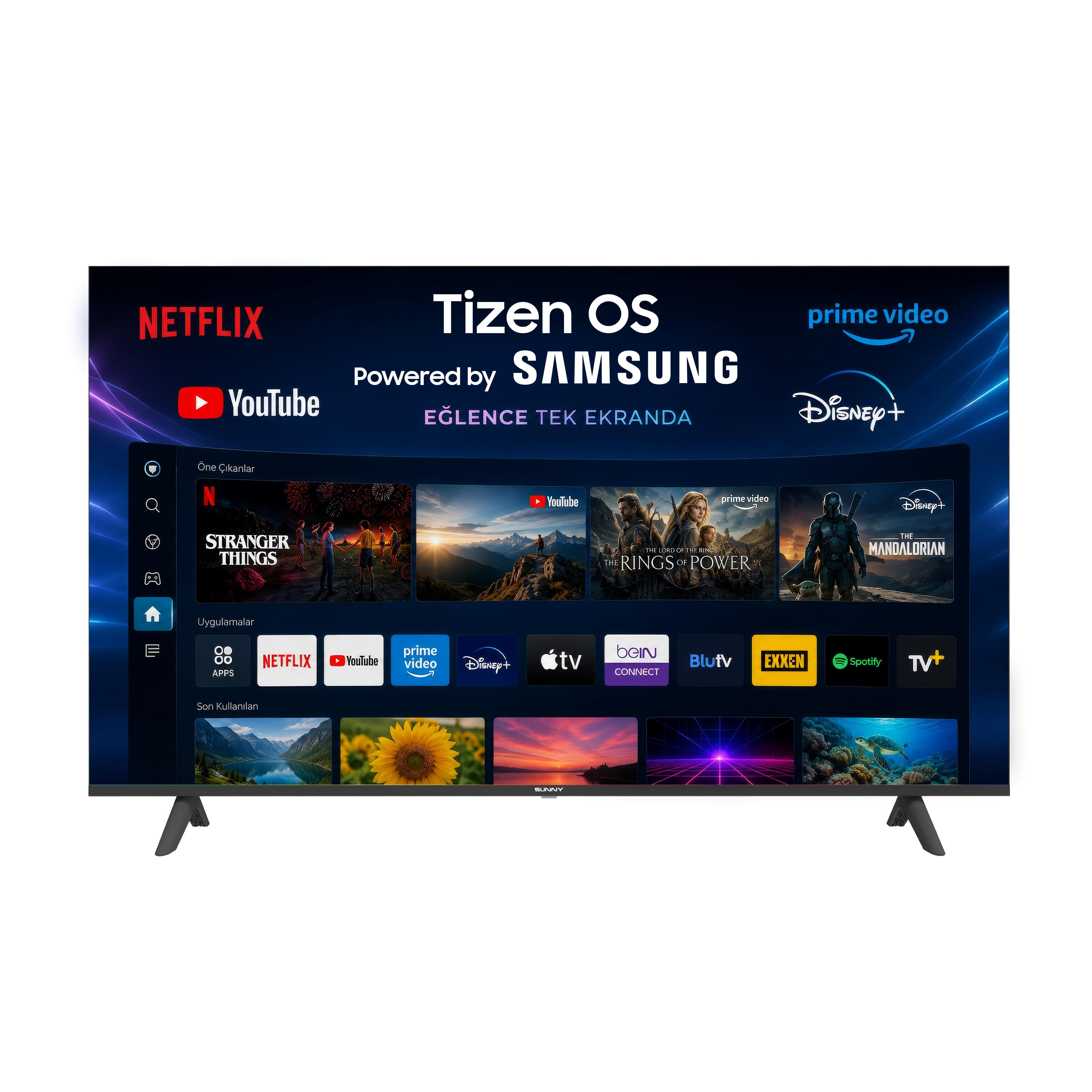Tizen OS arayüzü ve popüler yayın uygulamaları ile akıllı TV ekranı.