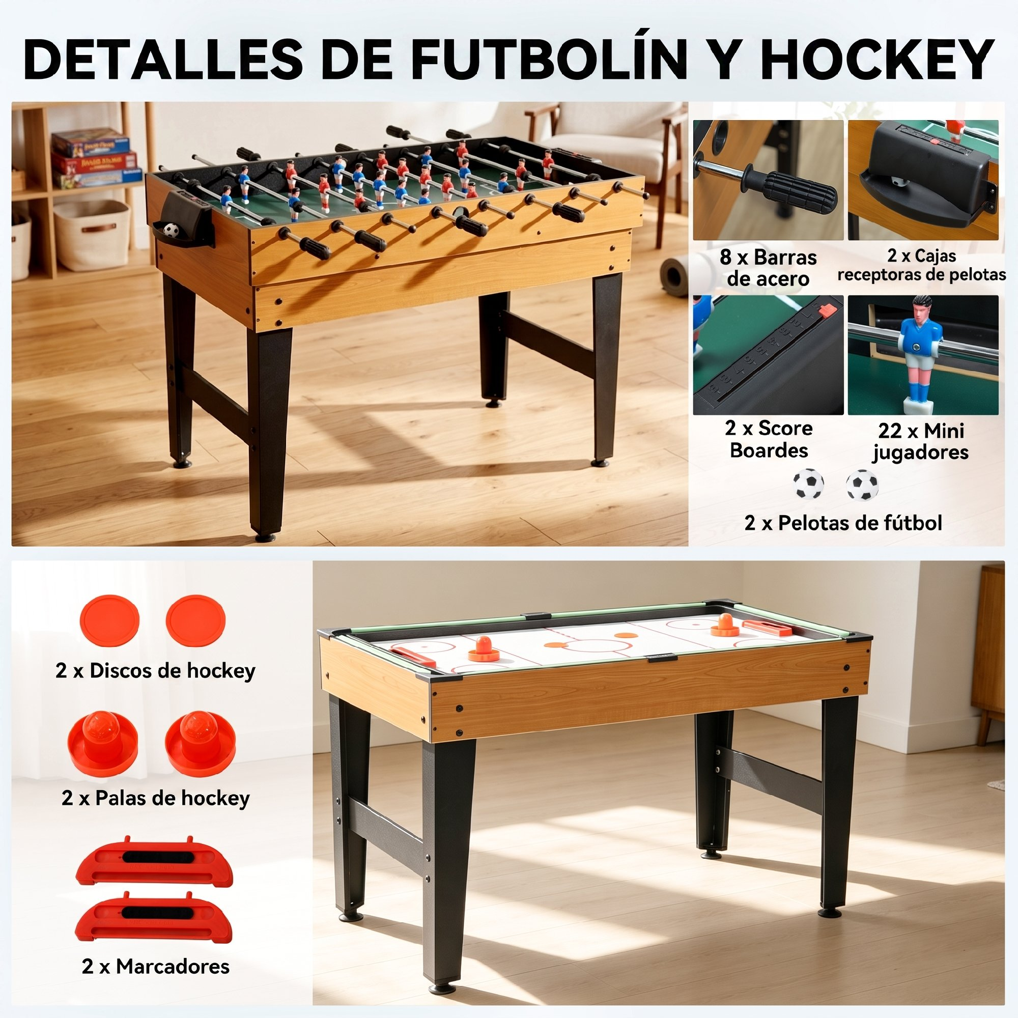 Una mesa multifuncional de futbolín y hockey con accesorios sobre suelo de madera.